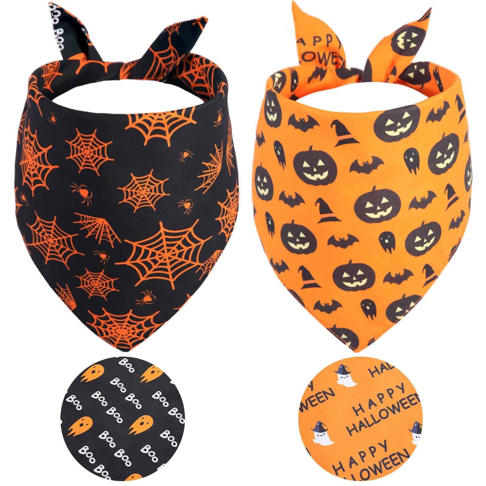 Gofshy Halloween Dog Bandanas Large 2Pcs, Reversible Triangle Dog Scarfs With Pumpkin, Spide, Bat, Ghost, Fall Puppy Bandanas Bi