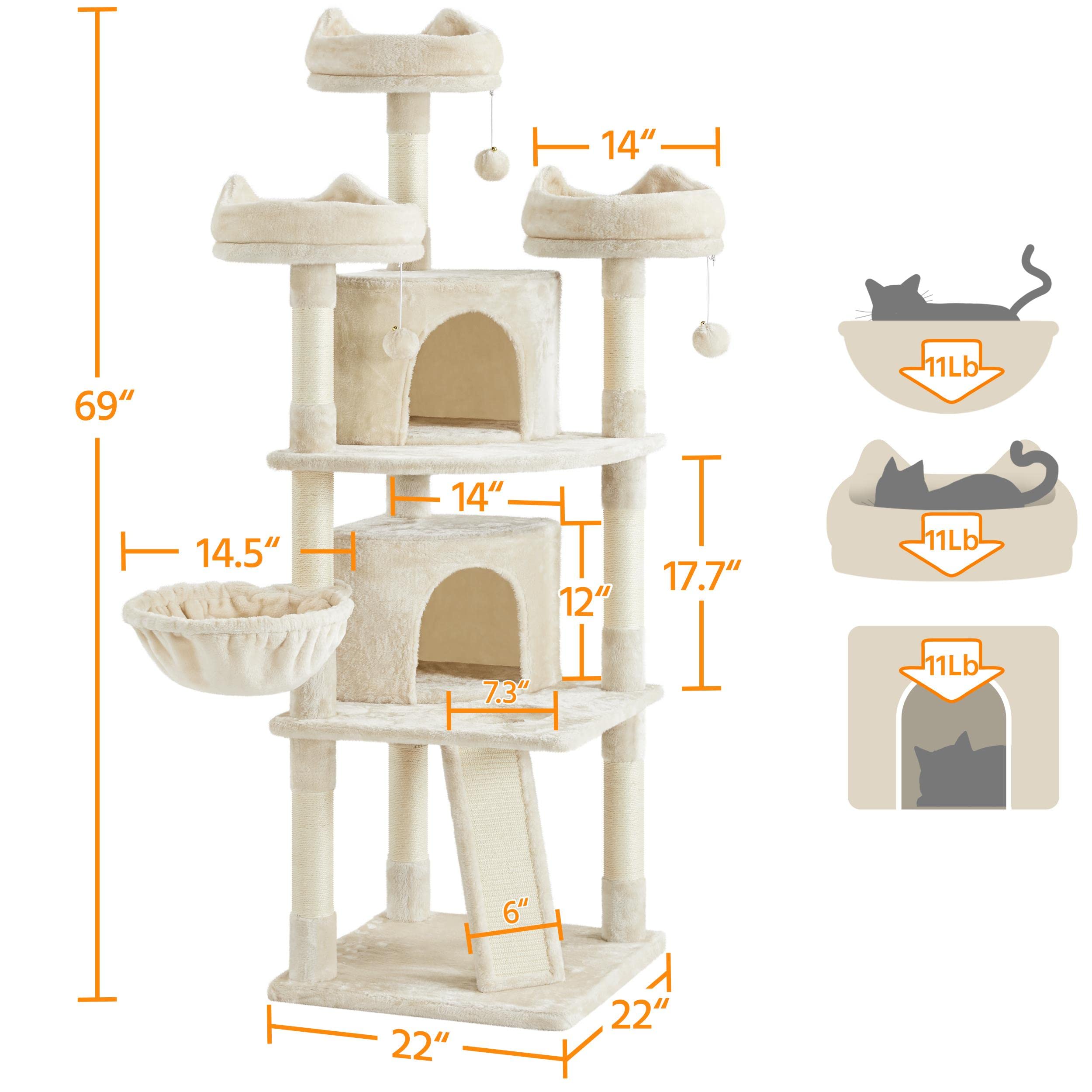 Yaheetech Cat Tree Cat Tower, Multilevel Cat Condo With Sisal Scratching Post As Indoor Cats Play House, Beige, 68.5In