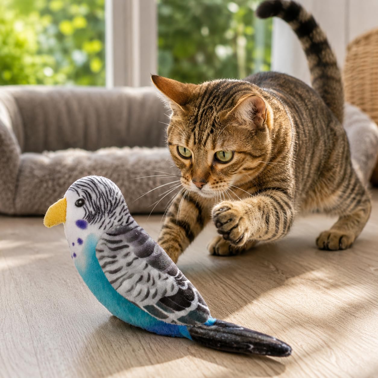 Woofy Plush Bird Cat Toy, Realistic Design Bird, Interactive Play For Cats Budgerigar Design Toy Inside Catnip (Blue Budgie)