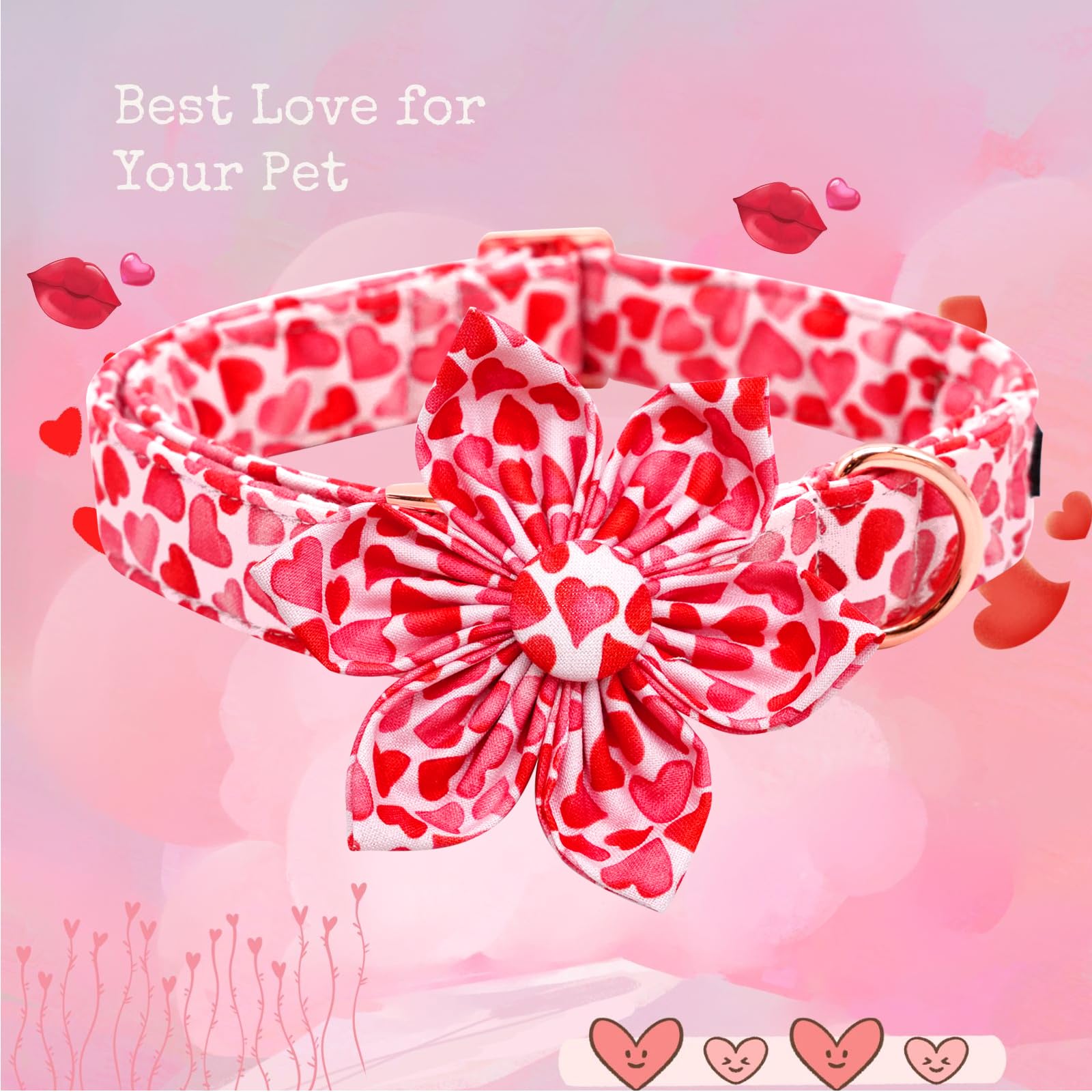 Lionheart Glory Valentine'S Day Dog Collar With Flower For Medium Dogs, Hearts Bowtie Spring Pet Collar Bows