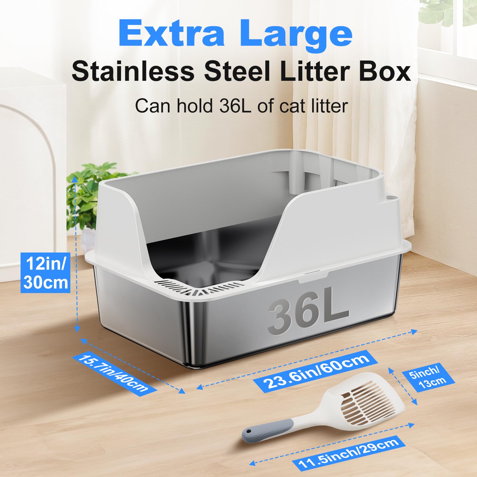 Stainless Steel Litter Box With Lid, Xl Extra Large Metal Litter Box For Big Cats, With High Sided, Anti Leakage,Odor-Free & Eas