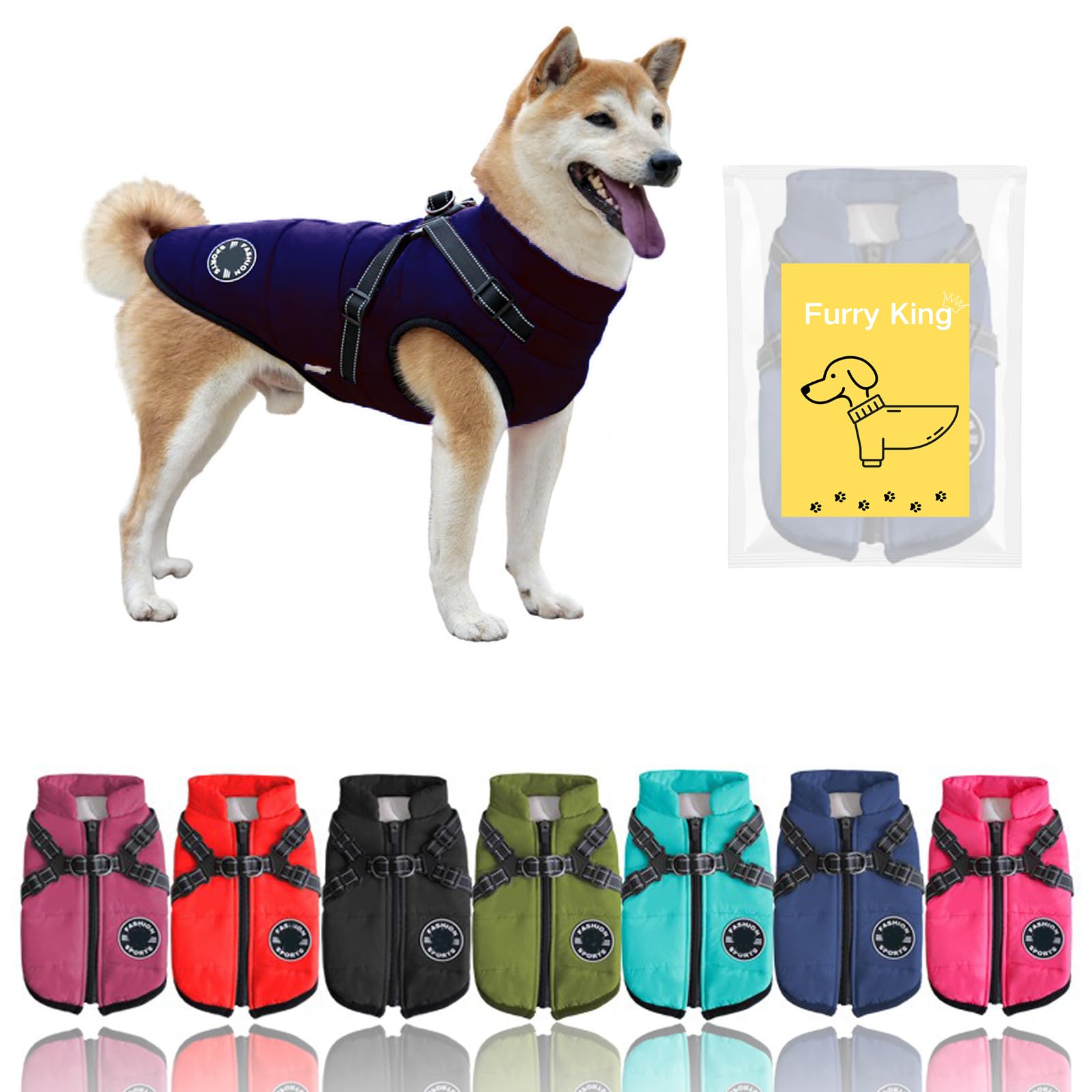 Furry King Dog Winter Coat With Harness, 7 Colors, Waterproof, Fleece Lined. (Blue, 4Xl)