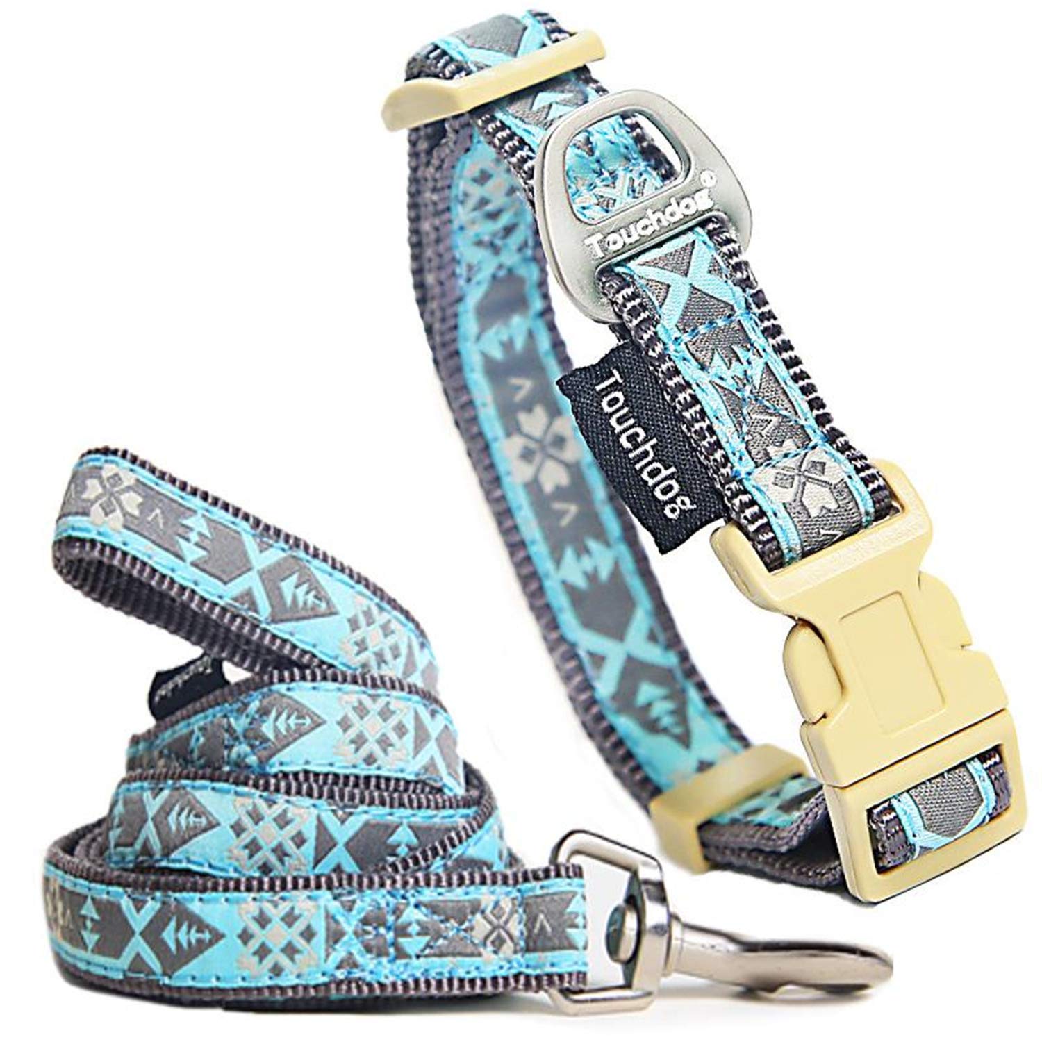 Touchdog Shape Patterned Tough Stitched Embroidered Collar And Leash, Small, Blue