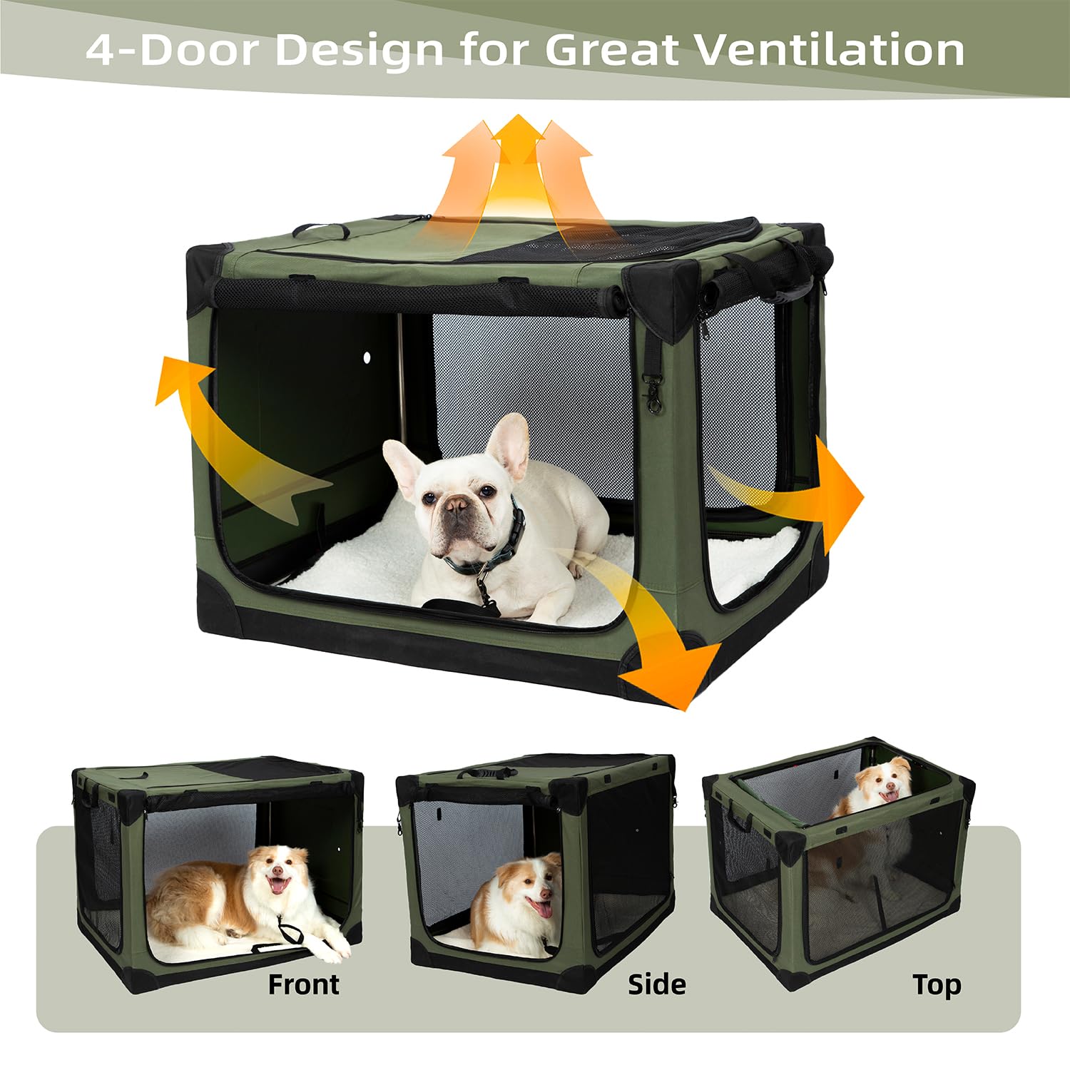 Pettycare 30 Inch Stainless Steel Collapsible Dog Crate - Soft Dog Crates For Medium Dogs, 4-Door Soft Sided Dog Kennel, Portable Foldable Travel Crate With Durable Mesh, Indoor & Outdoor, Olive Green