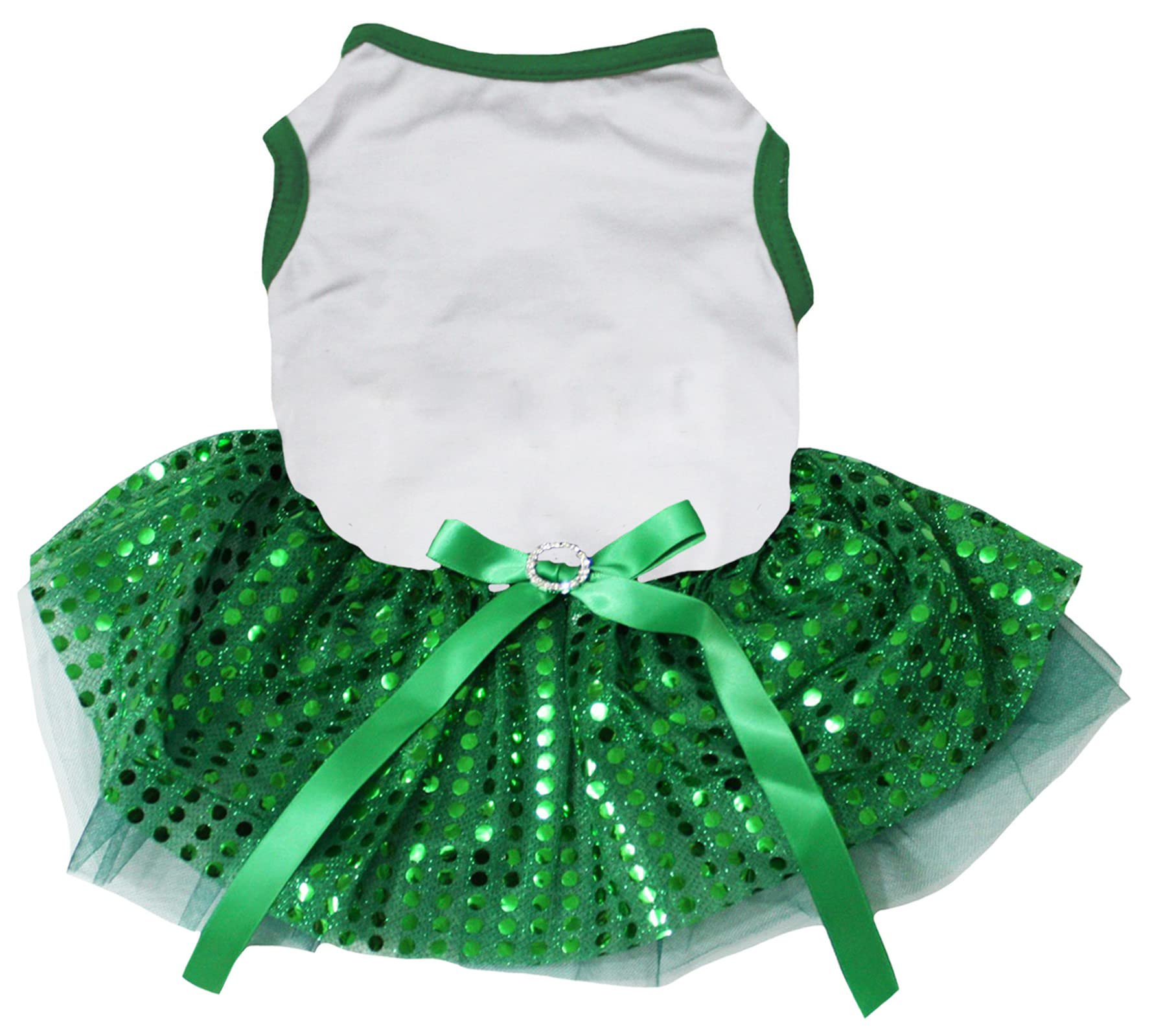 Petitebella Plain Sequins Tutu Puppy Dog Dress (White/Green, Medium)