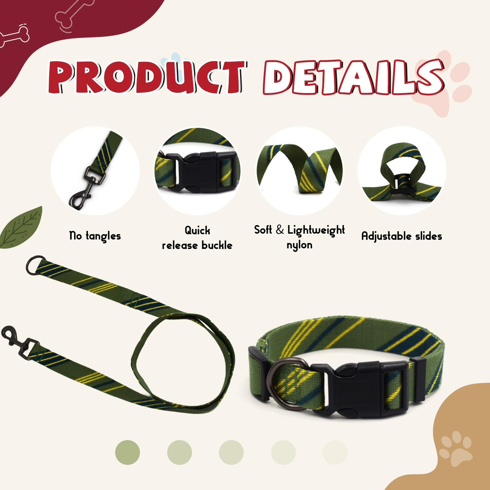 Green Yellow Dog Collar And Leash Set For Medium Size Dog, Breathable, Anti-Odor & Soft, Comfortable For Sensitive Skin Puppies,