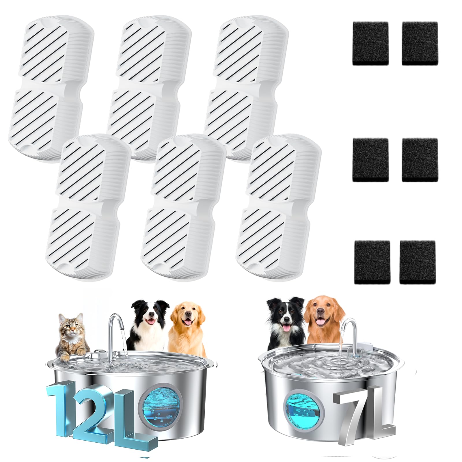 Grookpet Dog Water Fountain Filters: 12 Dog Fountain Filters - Pet Water Fountain Filters Replacement - Including 6 Filters + 6