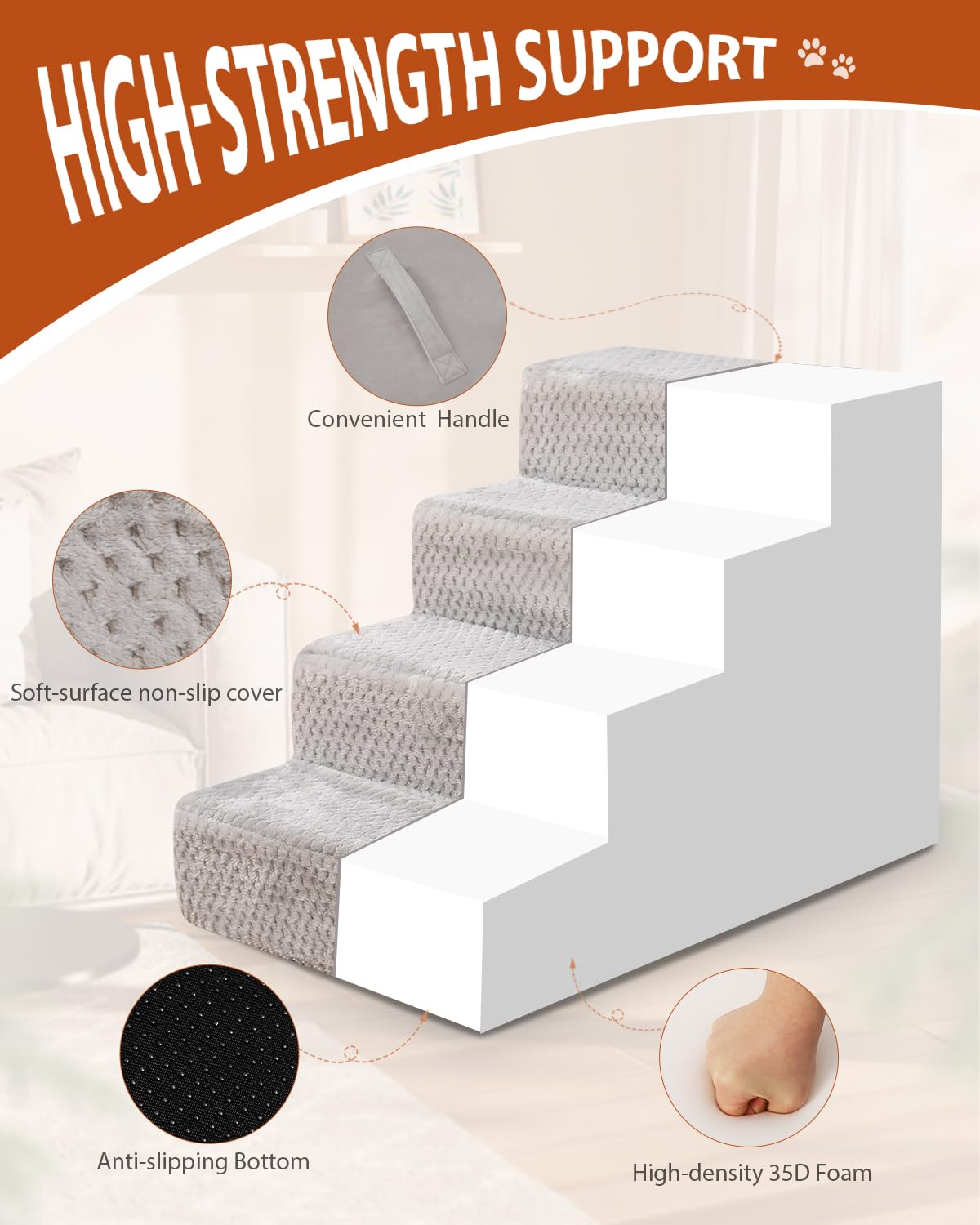 Dog Stairs For Small Dogs,22'' H,5-Step Dog Steps For High Bed Couch And Sofa,Pet Stairs For Dogs And Cats Climbing With Non-Sli