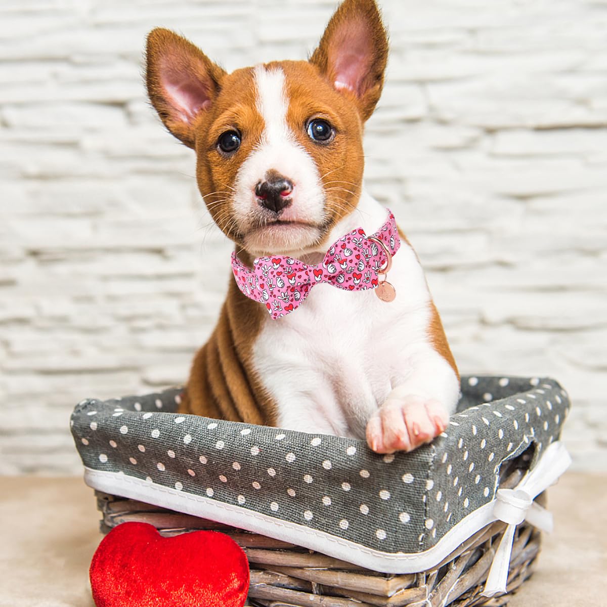 Dogwong Valentine Dog Collar With Bow, Pink Heart, Medium, Cotton, Decorative, Small, Medium, Large Dog