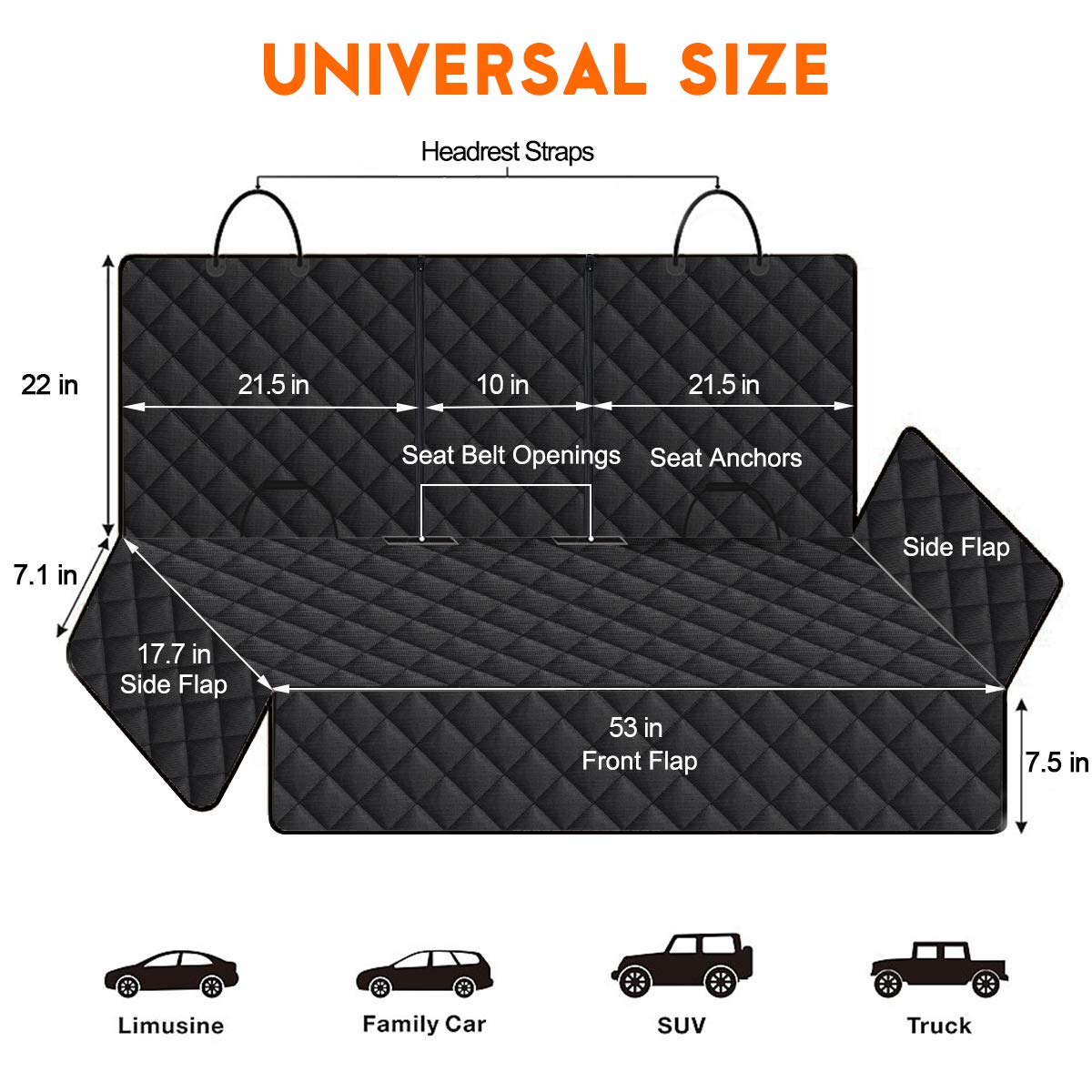 Yuntec Dog Car Seat Cover - Waterproof Black Polyester Protector, 53"x47", Fits Most Cars, Trucks, SUVs - Model ES-AN12I-I126