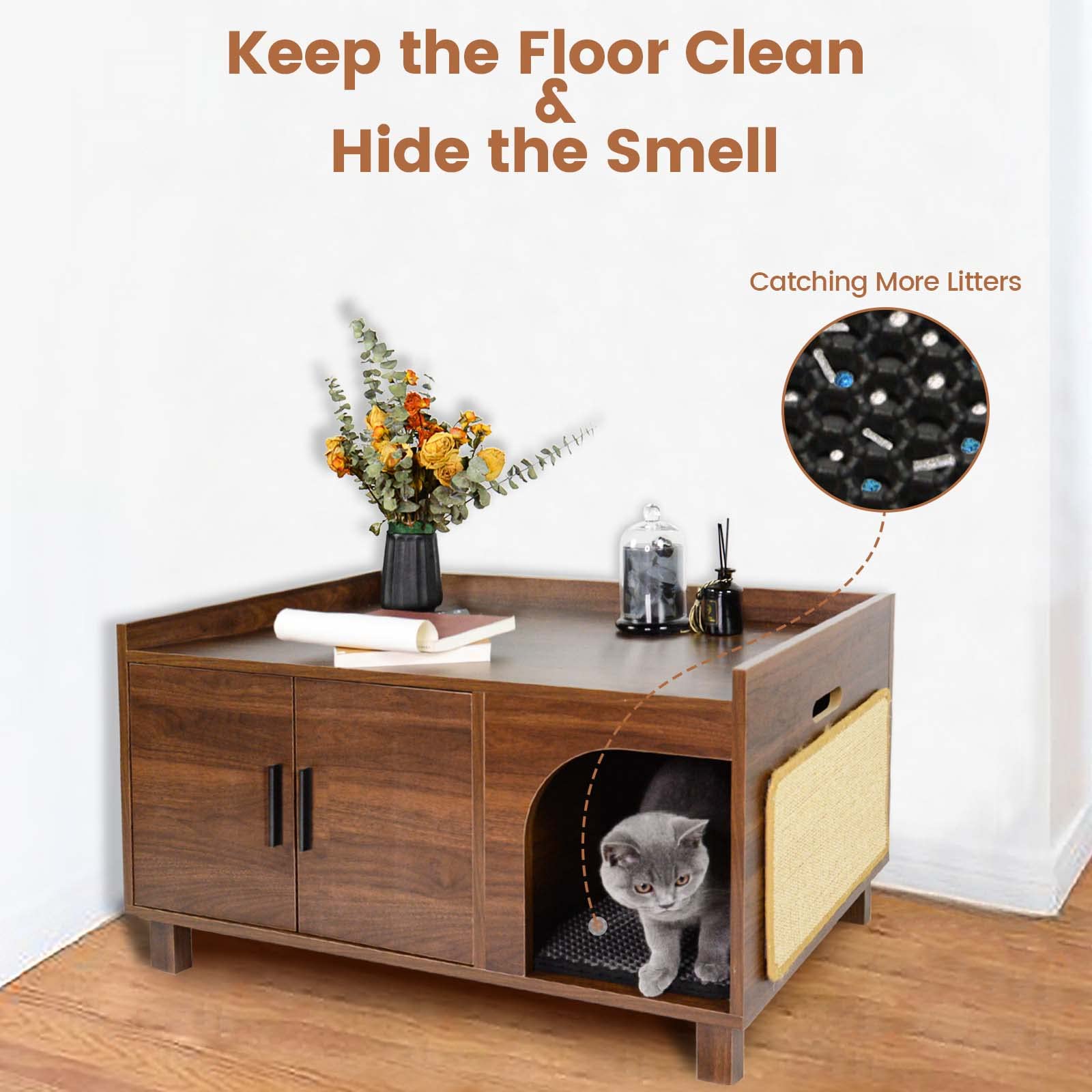 Pluroof Cat Litter Box Enclosure, Modern Cat Washroom Furniture Hidden Litter Box Cabinet As Indoor Decorative Nightstand With Scratching Pad, Rustic Brown