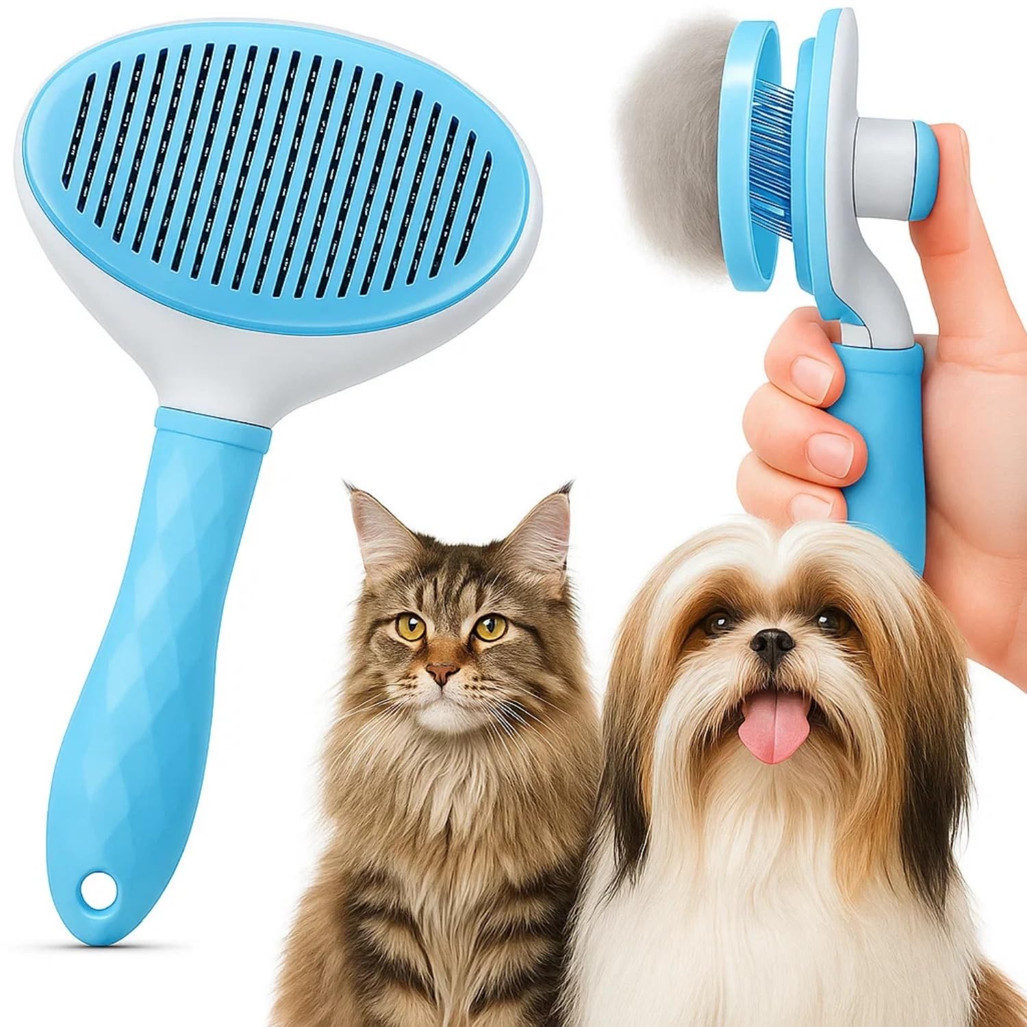 Sage Square Self Cleaning Oval Brush For Dogs & Cats | Heavy Duty Deshedding Tool With Back Button | Rubberised Handle | Groomin