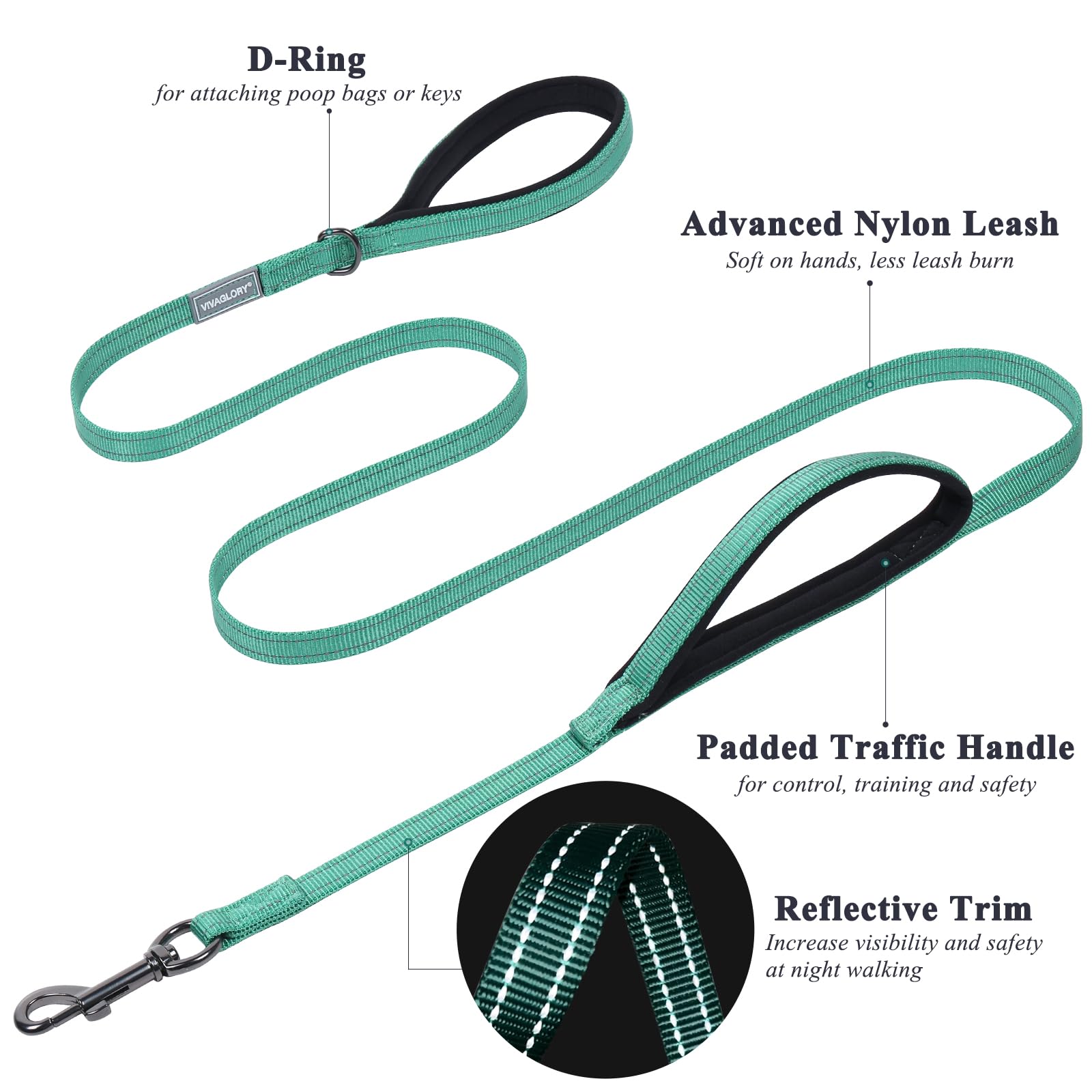 Vivaglory Traffic Handle Dog Leash, Two Padded Soft Handles Dog Leash, Strong Reflective & Metal Hook Training Pet Lead, Turquoi