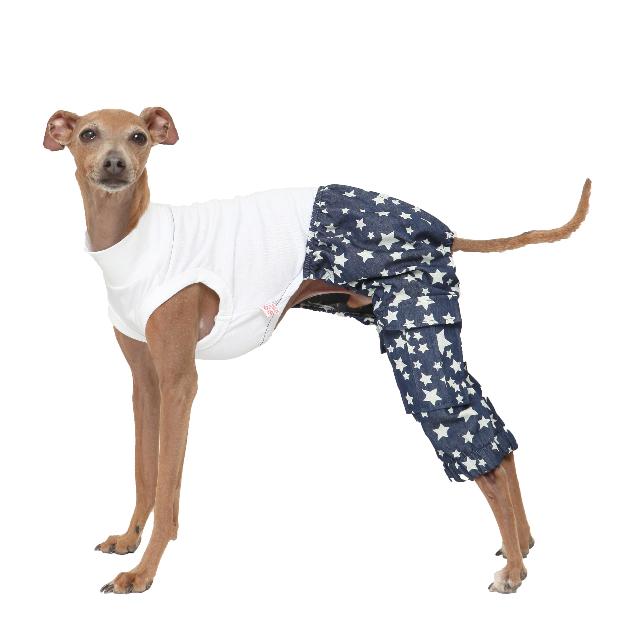 D Doggy Star Italian Greyhound Clothes Cargo Pants Onesie Outfit Whippet For Dog Coat (L,Dnm Star Cargo)