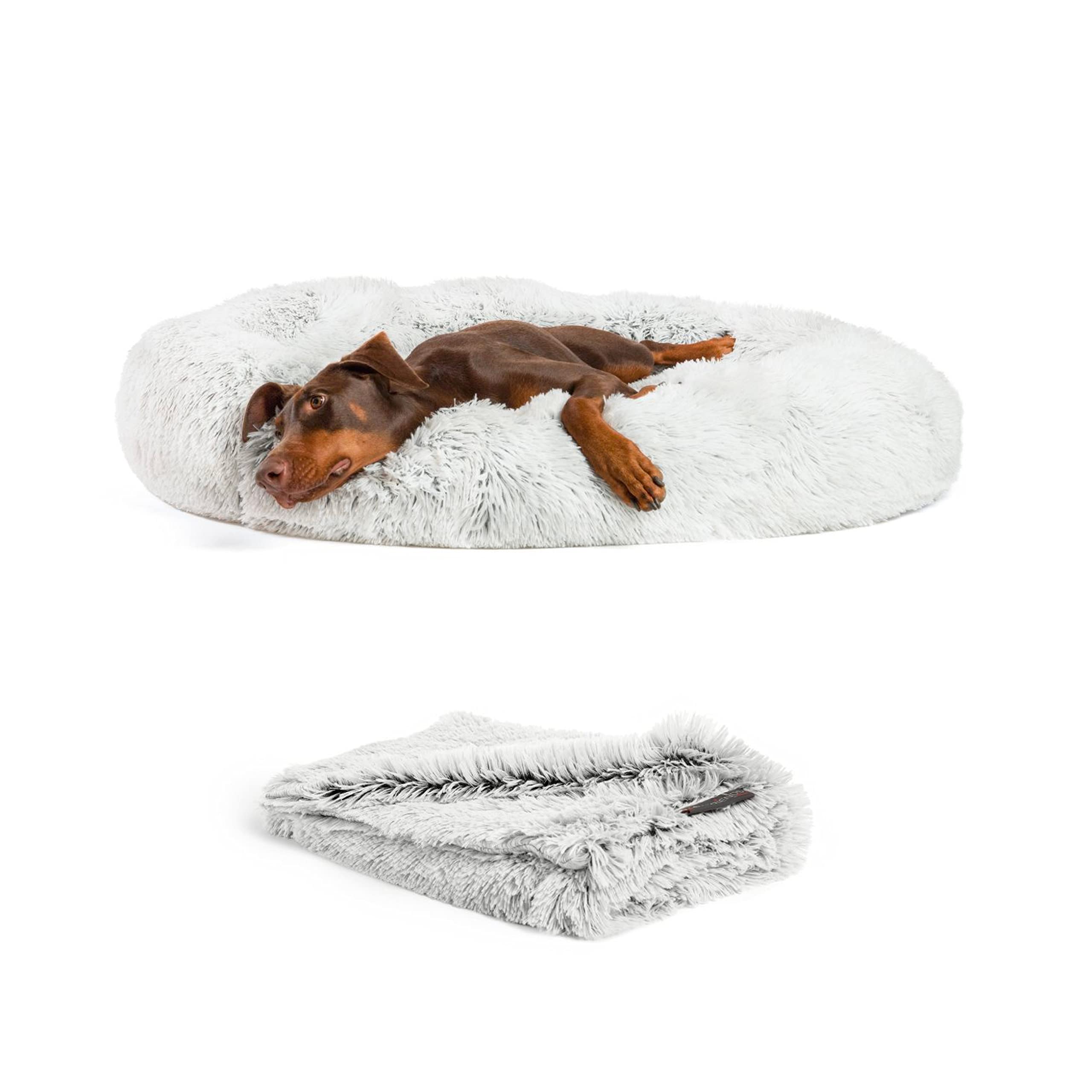Best Friends by Sheri Bundle Set The Original Calming Shag Donut Cuddler Cat and Dog Bed + Pet Throw Blanket, Frost, Extra Large