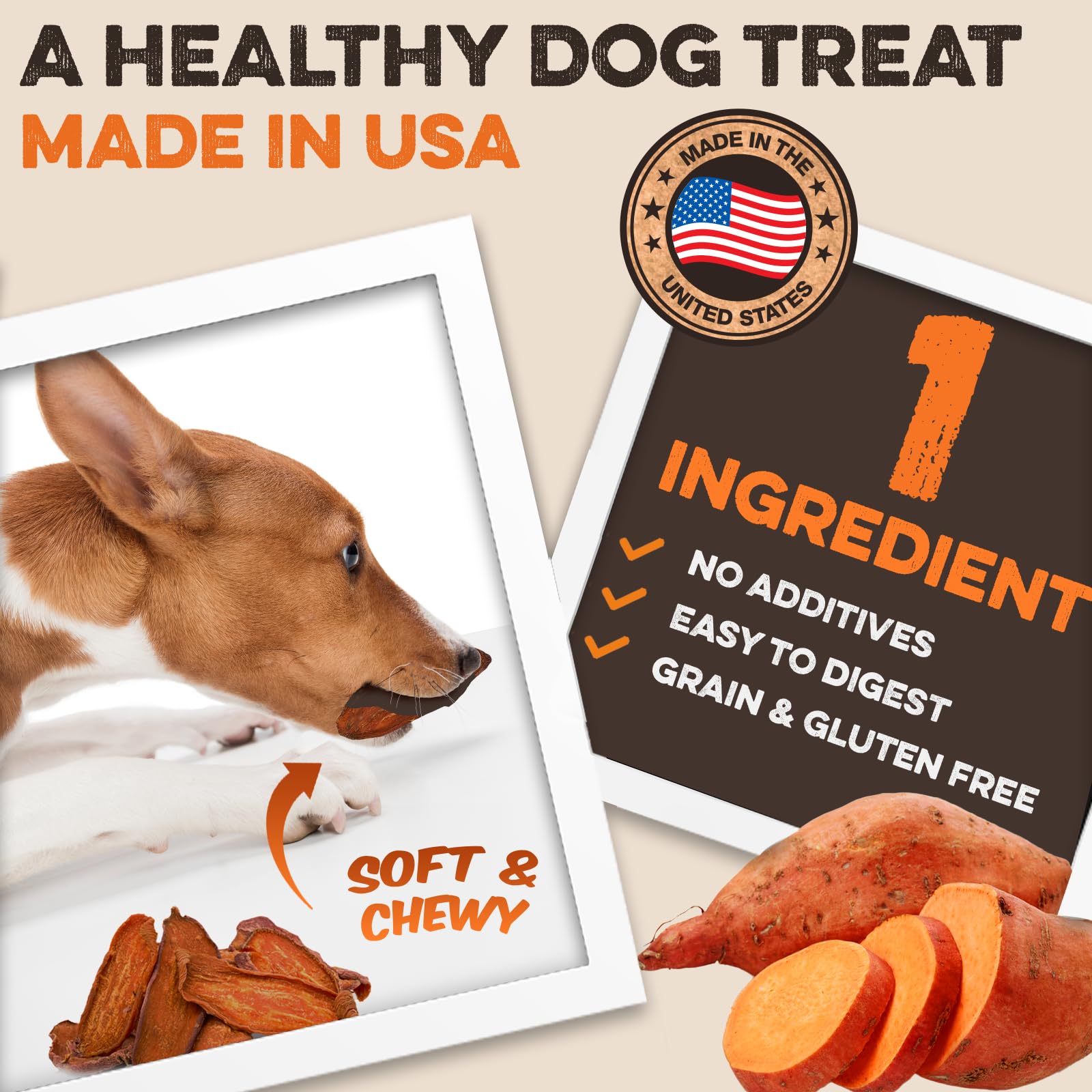 Sweet Potato Slices For Dogs - Soft & Chewy - Single Ingredient Dog Treats, Healthy 100% Natural Sweet Potato Dog Treats With No