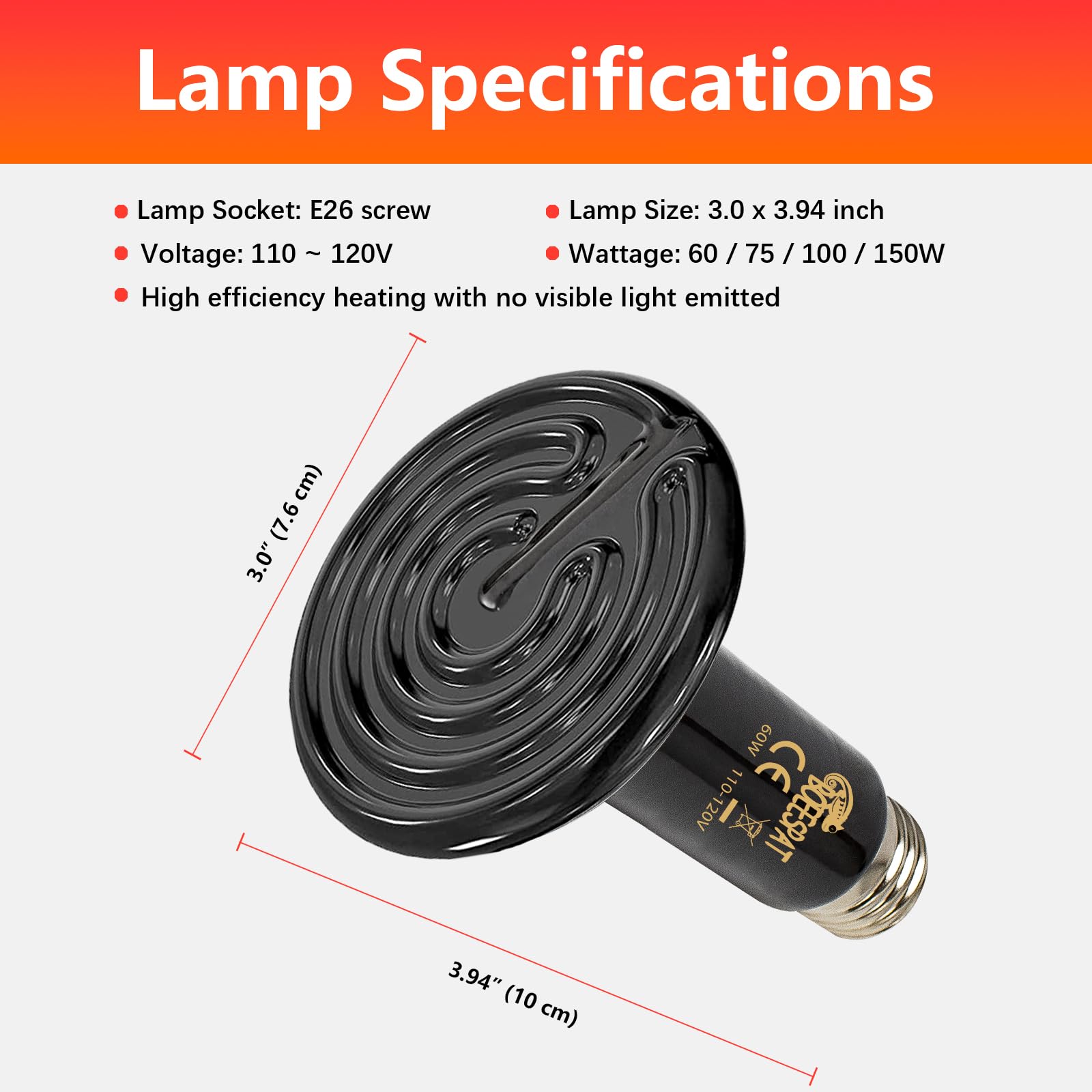 Boeespat High Efficiency 150W Reptile Heat Lamp Bulbs, Pack Of 2 Ceramic Heat Emitters For Reptile Geckos, Lizard, Iguana, Bearded Dragon & Pets Basking (Black, 150 Watts)