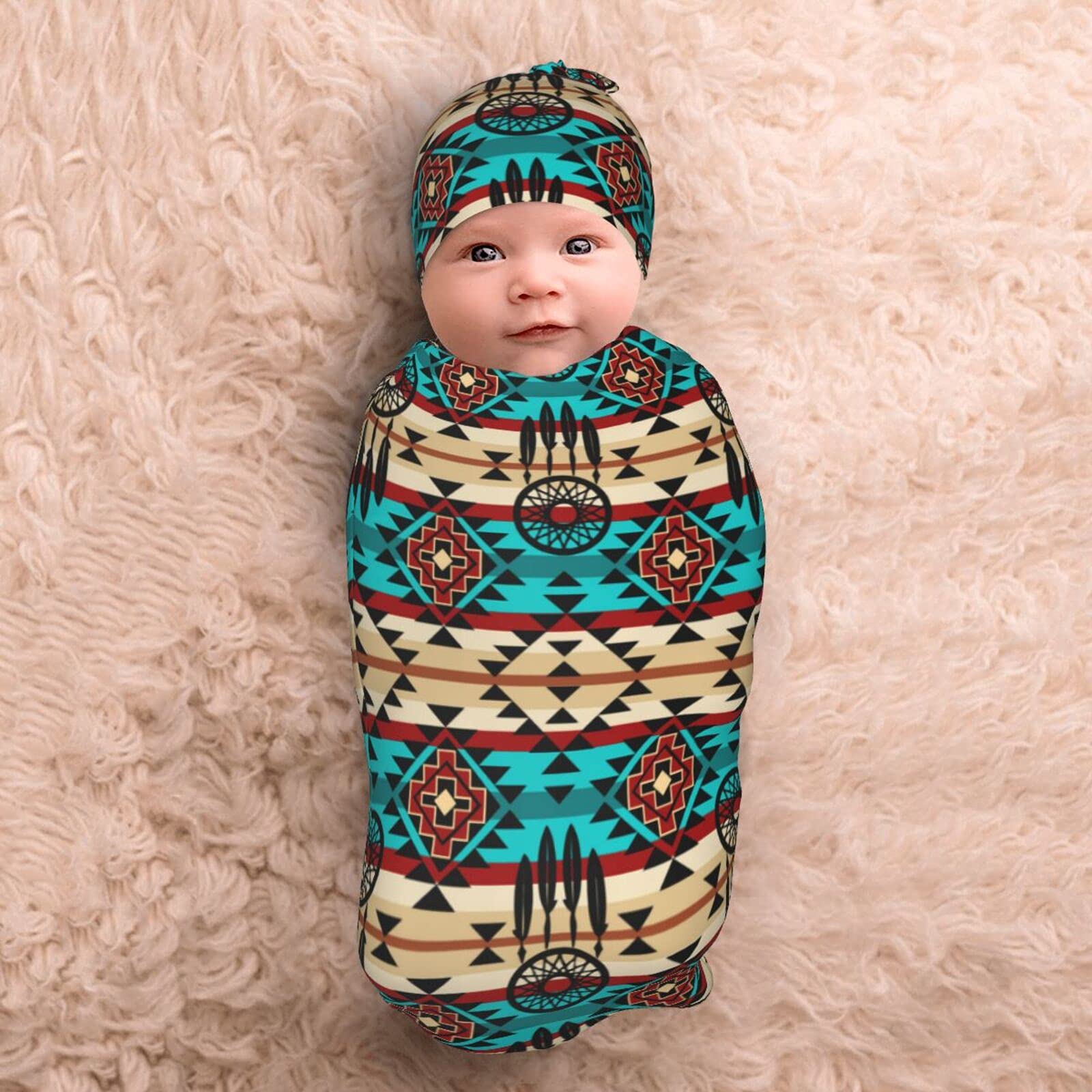 Western Baby Stuff Aztec Navajo Newborn Baby Swaddle Blanket Native American Baby Wrap Sleep Sack Soft Silky With Beanie Hat For