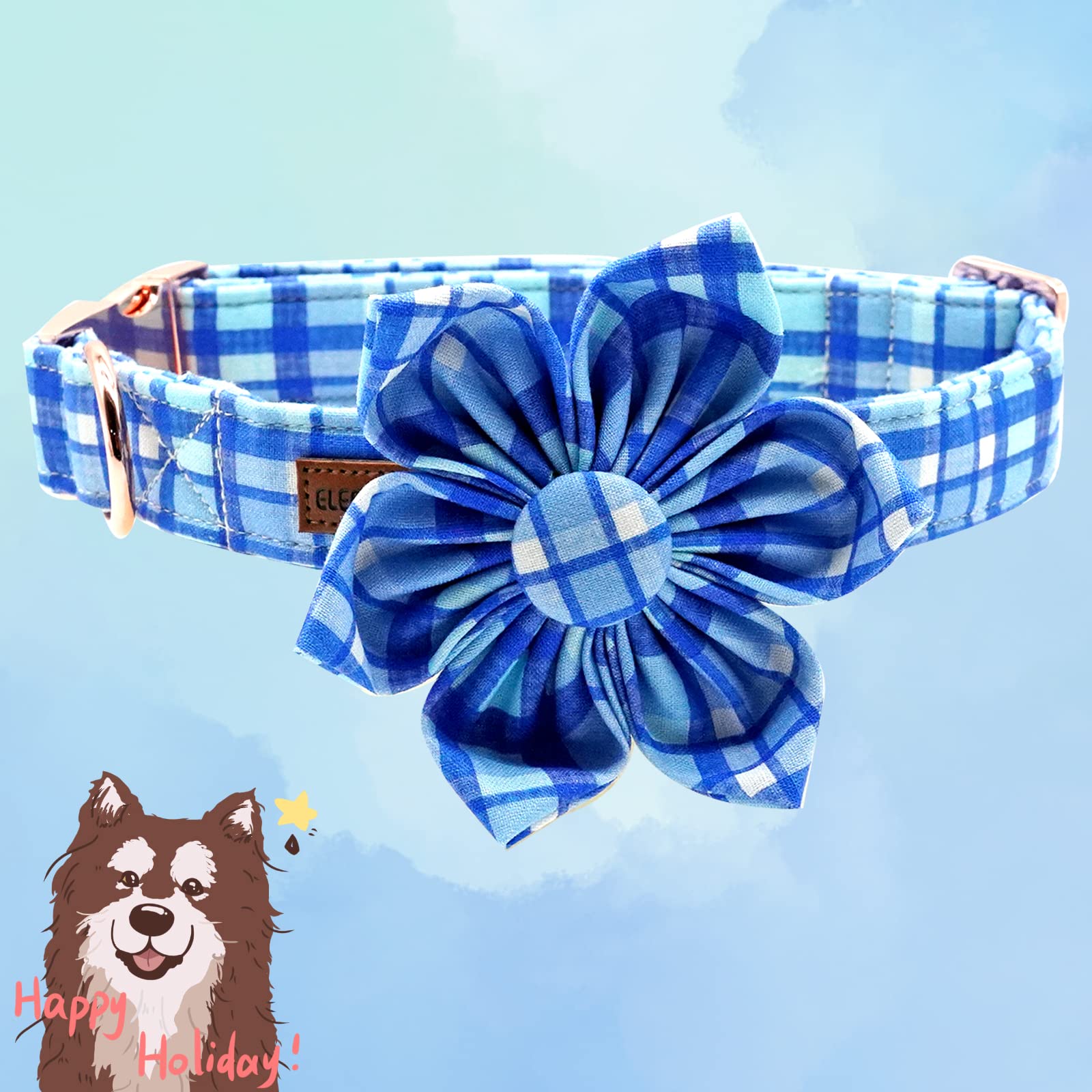 Elegant little tail Dog Collar with Flower - Blue Plaid Dog Collar Cute Flower Collar Adjustable Dog Collar for Small Puppy and