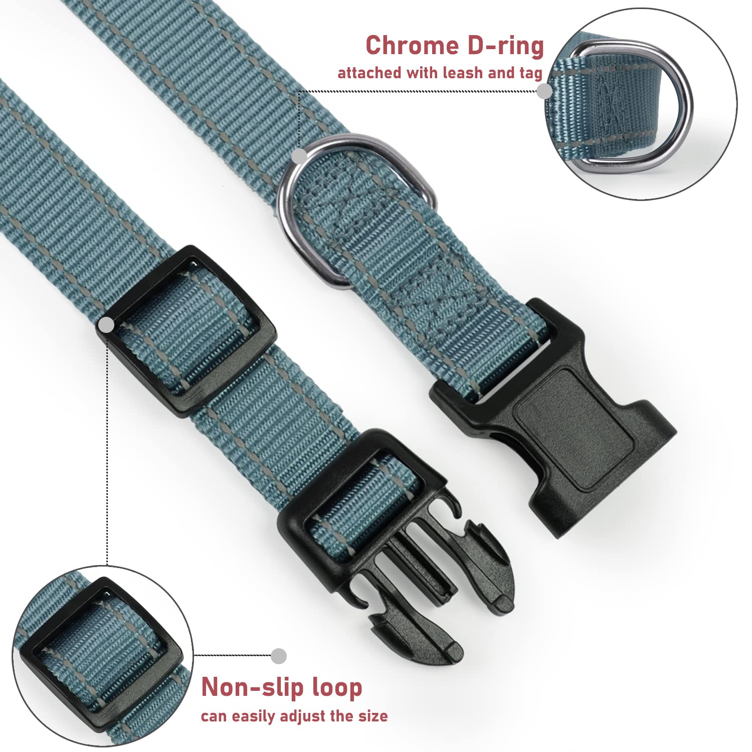 Reflective Dog Collar With Buckle Adjustable Safety Nylon Collars For Small Medium Large Dogs, Grey Xs