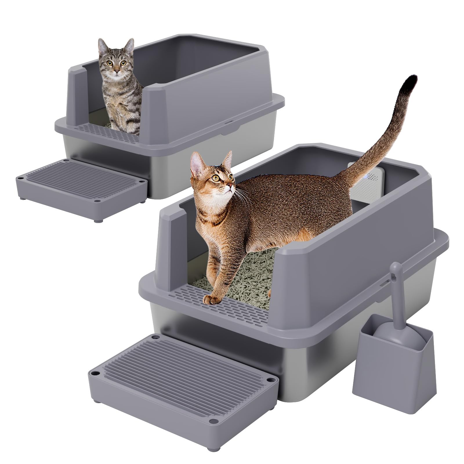 RIZZARI Stainless Steel Litter Box for Cats: Gray Leakproof Open Top Tray - Teflon Non-Stick Coating - Large Size Odor Control f