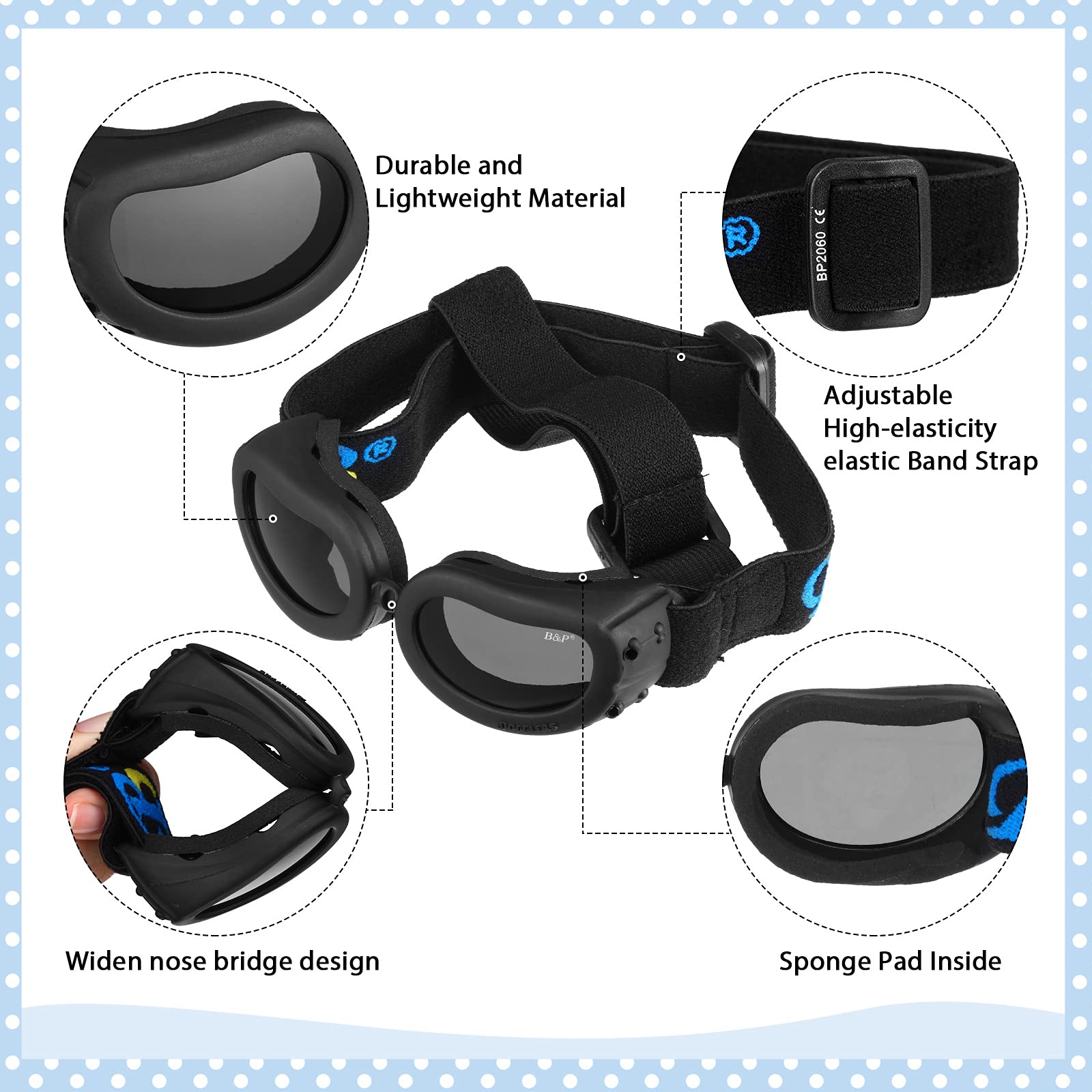 Frienda Small Dog Helmet Goggles - UV Protection Sunglasses for Puppies, Black, Adjustable Windproof, Safety Hat for Riding