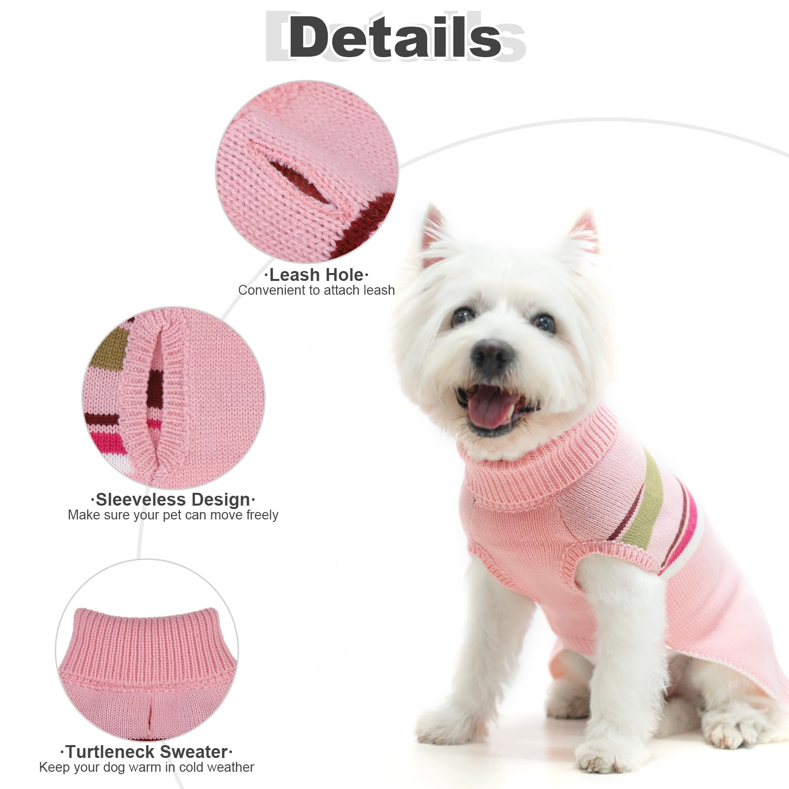 Pawchie Dog Sweater - Warm Turtleneck Coat With Leash Hole, Stretchy Knitted Outfit For Small To Large Dogs, Pink