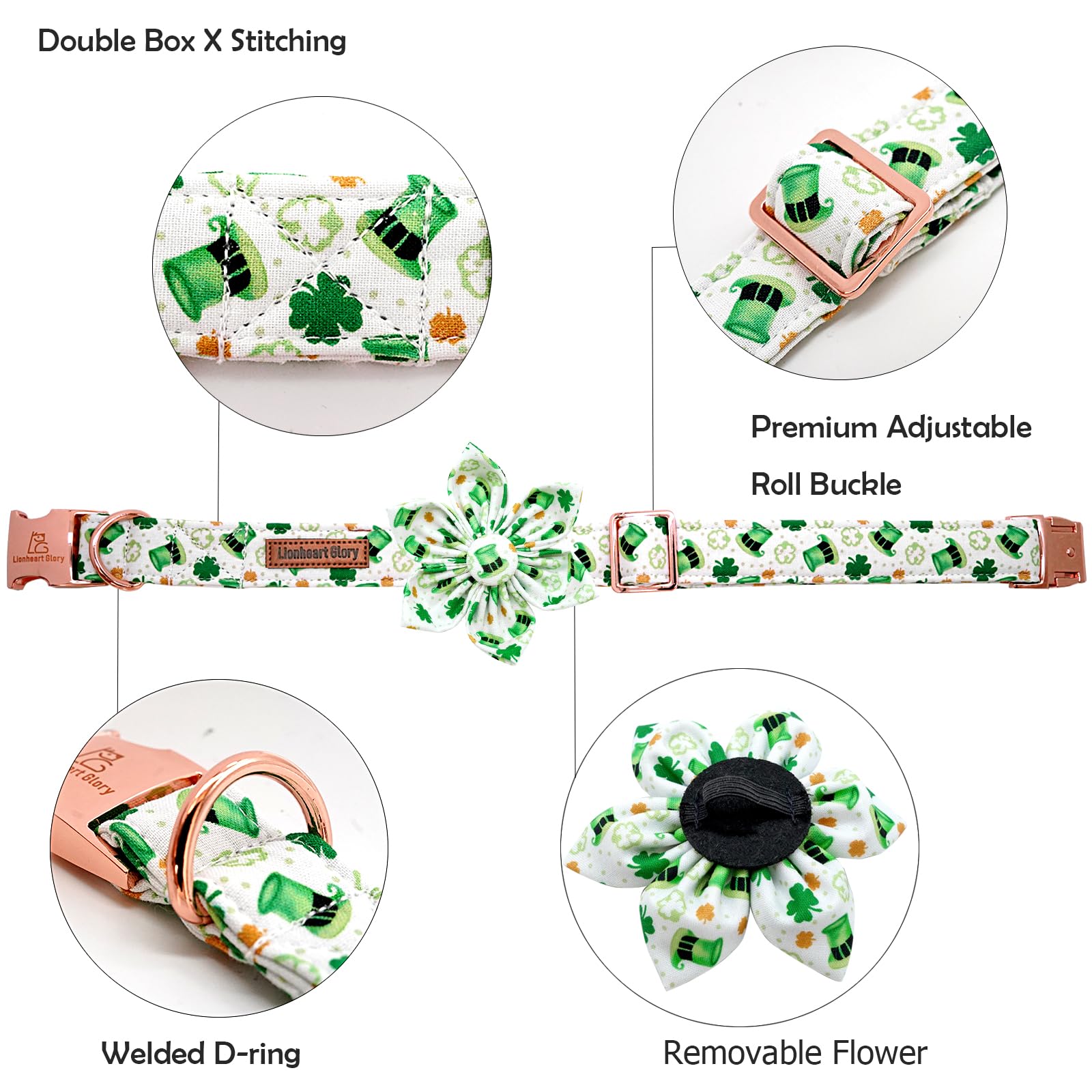 Lionheart Glory St. Patrick'S Day Collar With Flower Bows For X-Small Dogs, Green Lucky Clover Shamrock Collar