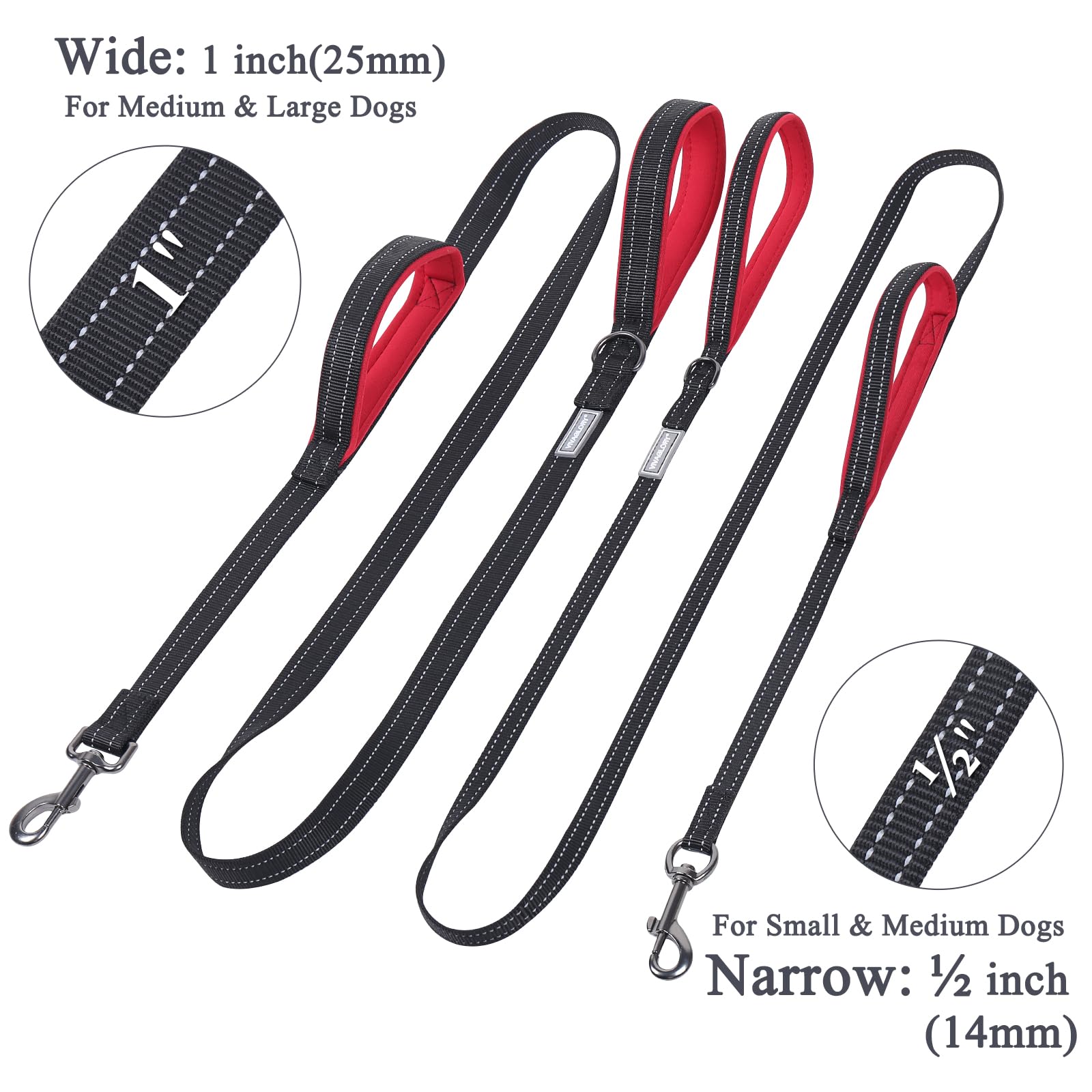Vivaglory Traffic Handle Dog Leashes, Two Padded Soft Handles Strong Dog Leash, Reflective & Metal Hook Training Pet Lead, Black