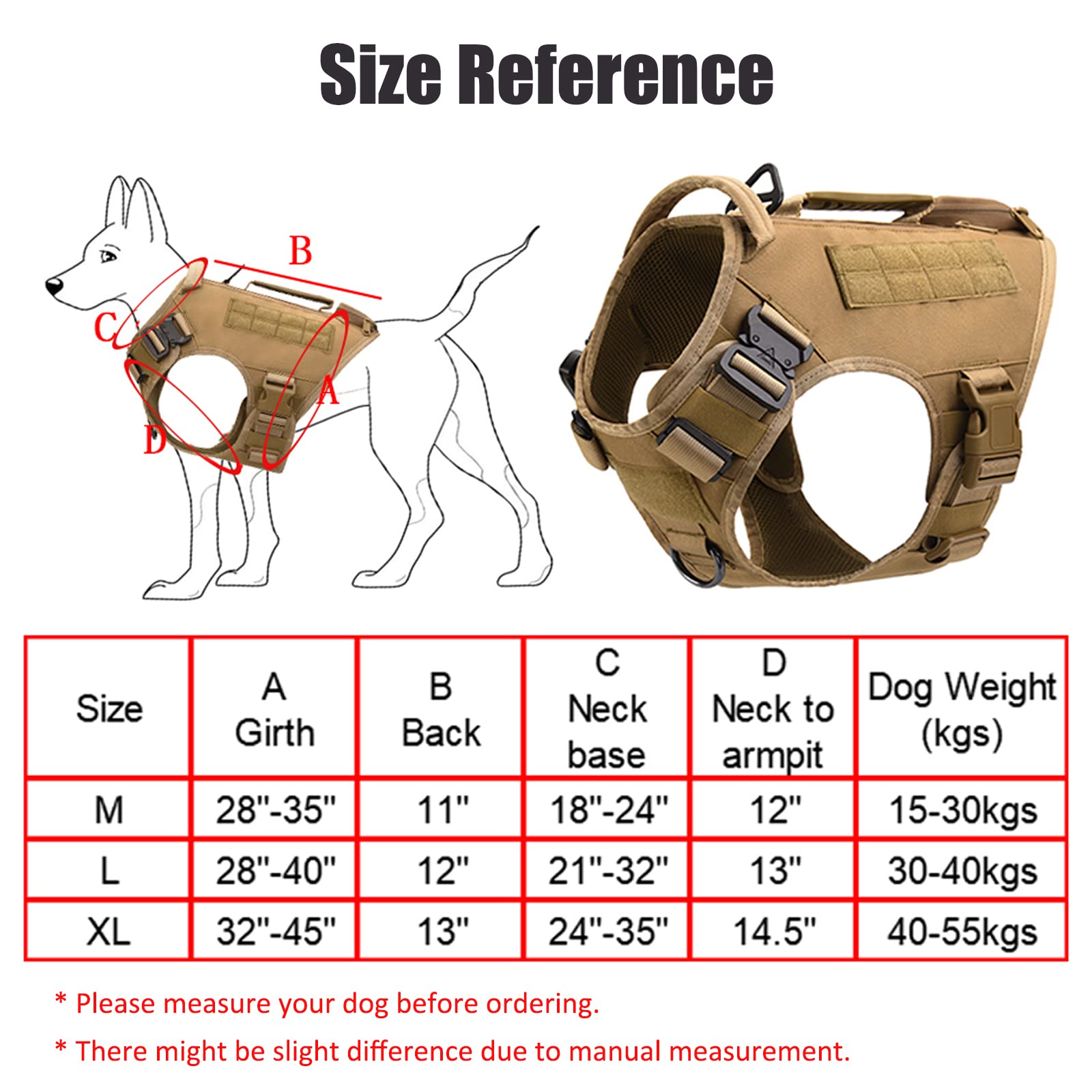 Tactical Dog Harness For Medium And Large Dogs No Pull Adjustable Dog Vest For Training Hunting Walking Military Dog Harness With Handle Service Dog Vest With Molle & Loop Panels Black,L(Vest Only)