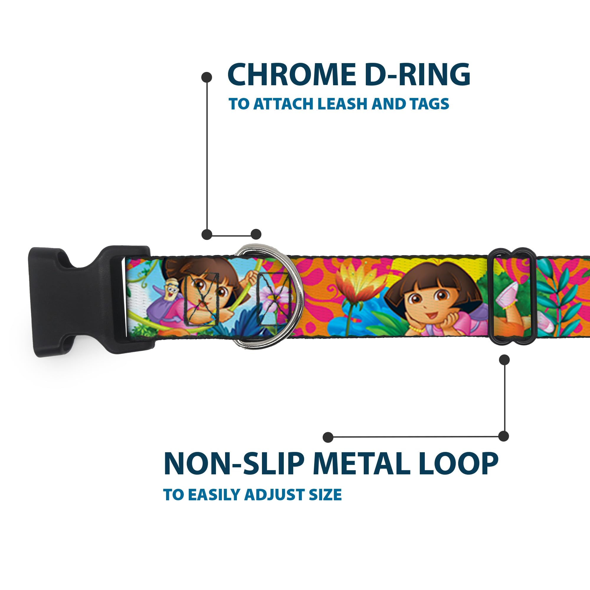 Dog Collar Plastic Clip Dora The Explorer Dora Poses Floral Collage Orange Pink 9 To 15 Inches 1.0 Inch Wide