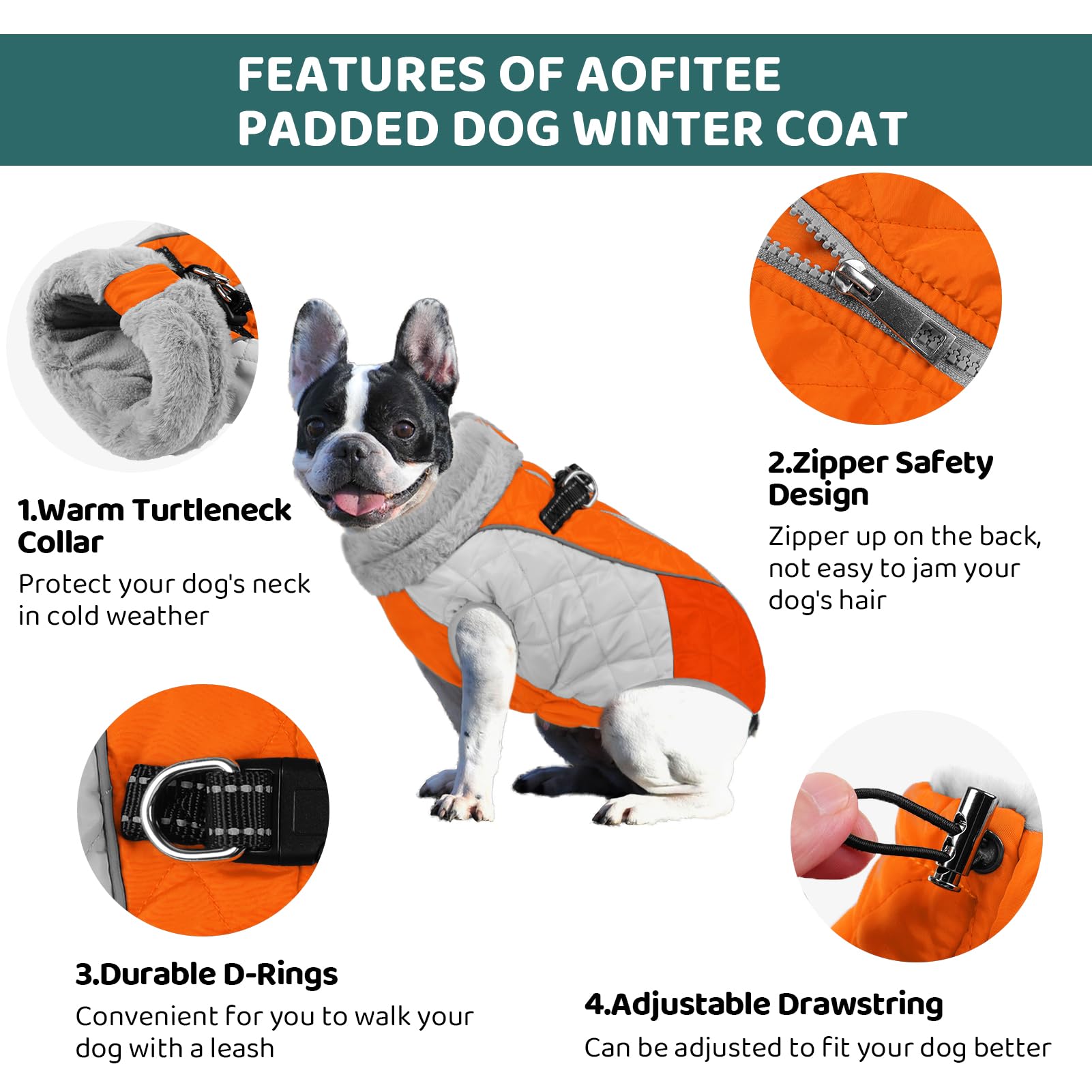 AOFITEE Dog Coat - Waterproof Winter Jacket with Harness, Fleece Lined, Orange, X-Large, Model 1207-AF-12180-Orange-XL