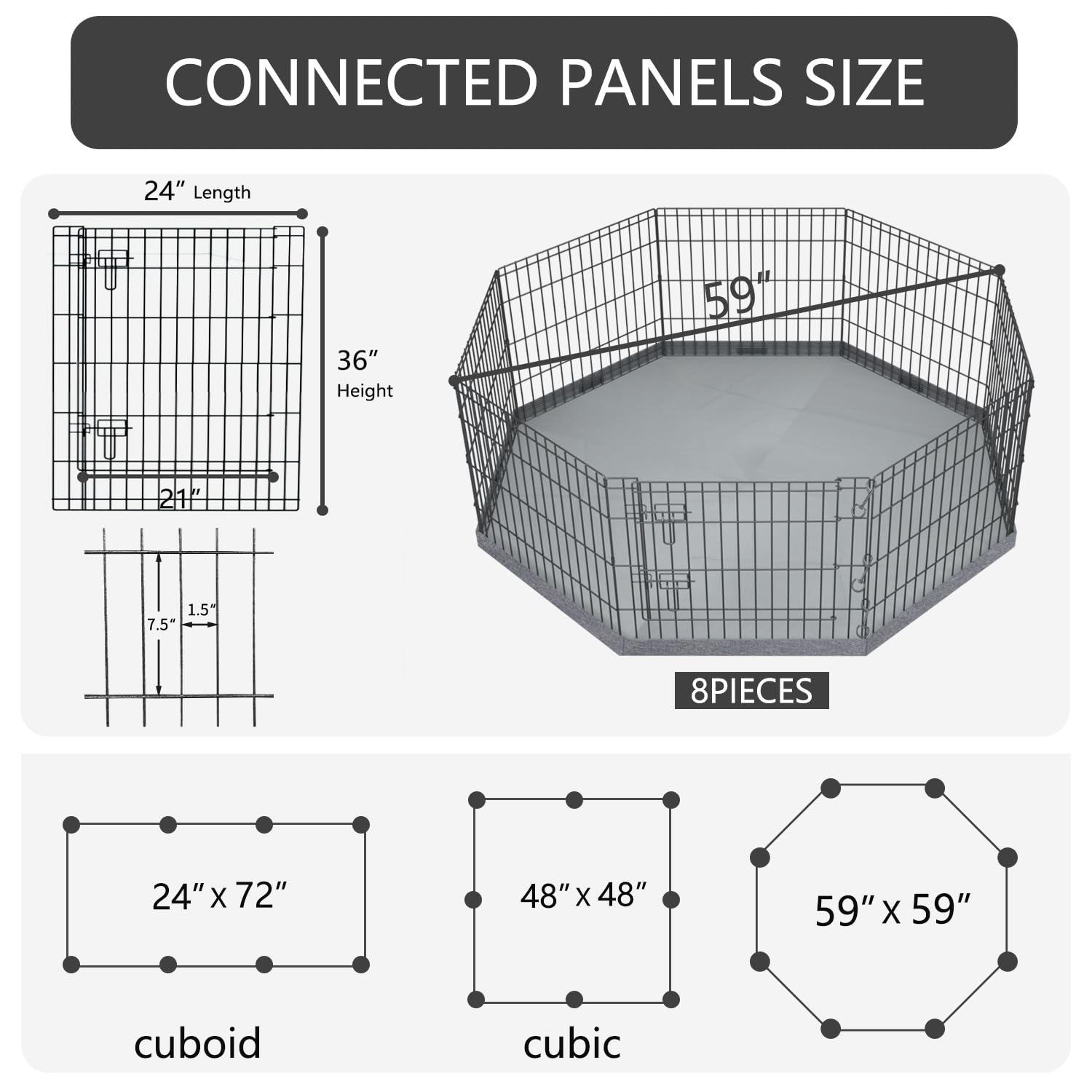 PETIME Foldable Metal Dog Exercise Pen, 8 Panels, 24" W x 36" H, Gray, Indoor/Outdoor Playpen with Bottom Pad