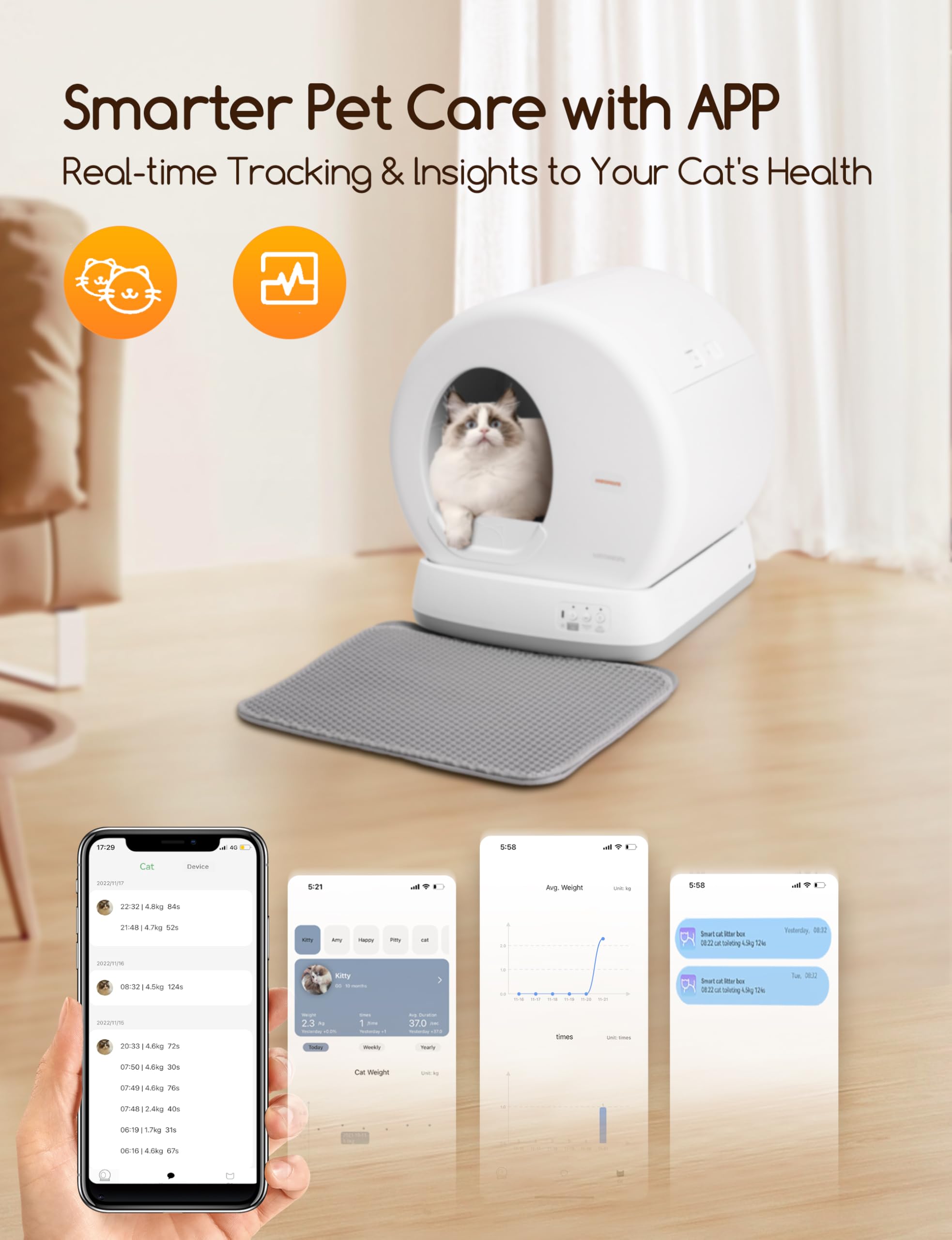 Meowant Self-Cleaning Cat Litter Box, Integrated Safety Protection Automatic Cat Litter Box For Multi Cats, Extra Large/Odor Removal/App Control Smart Cat Litter Box With Mat & Liner