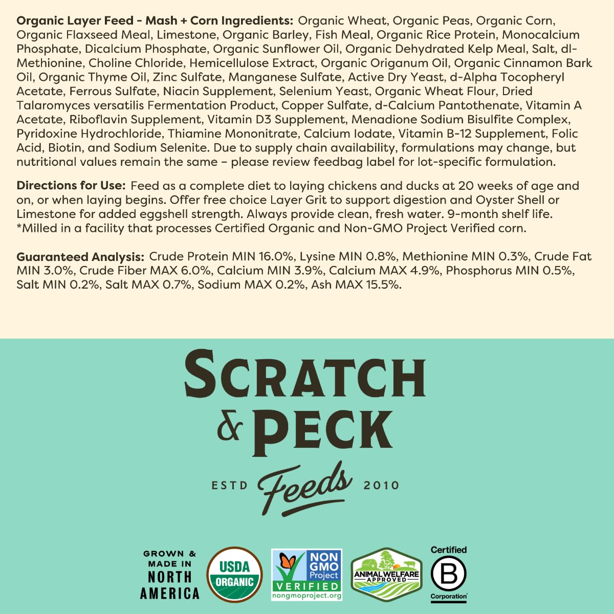 Scratch and Peck Feeds Whole Grain Layer Mash + Corn Chicken and Duck Feed - 40 lbs Bag - Soy-Free - 16% Protein, Certified Orga
