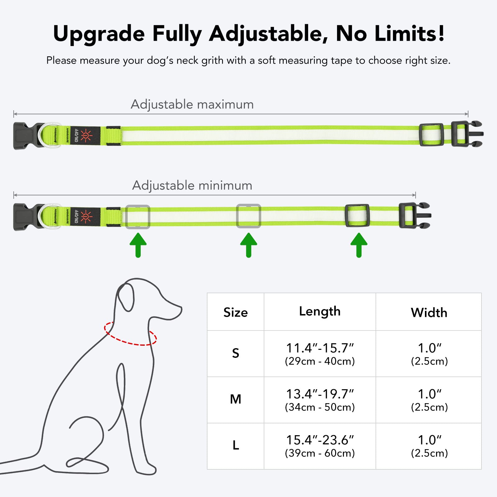 Pzrlit Led Light Up Dog Collars Micro Usb Rechargeable Waterproof, Full Adjustable Lighted Glow Dark Dog Collar Light For Night Walking For Small Medium Large Dogs, Green