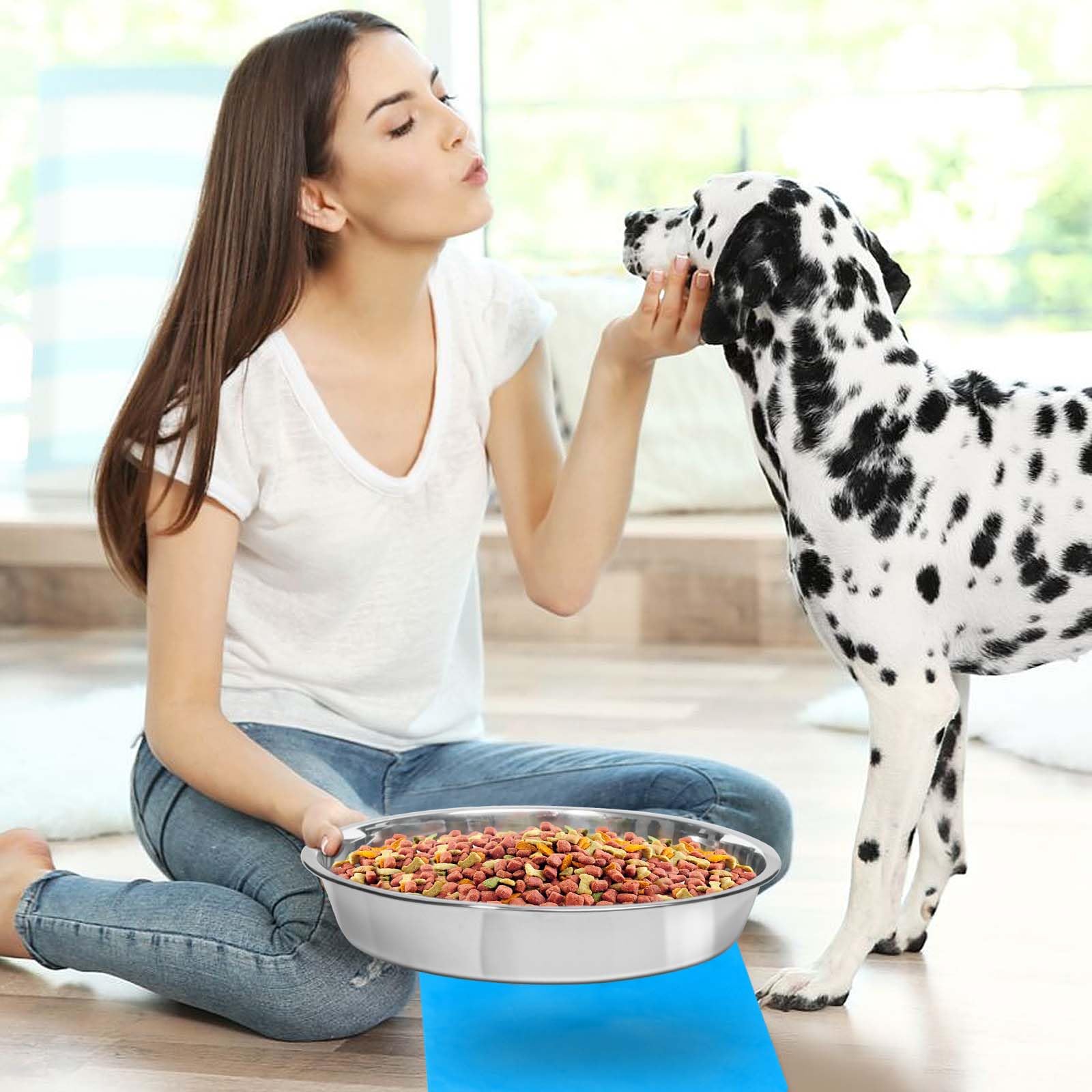 Shallow Dog Food Bowls, Non Slip Food Grade Stainless Steel Bowls for Large Dogs - 8 Cups / 2 Quart (2 Pcs)