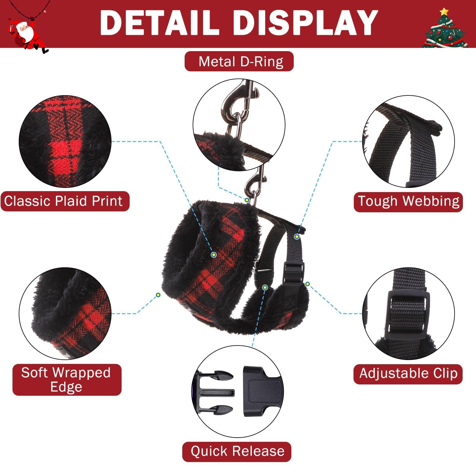 SCENEREAL Small Dog Harness Collar and Leash Set, Warm Fleece No Pull Puppy Vest Harness, Christmas Dog Outfit No Chock Adjustib