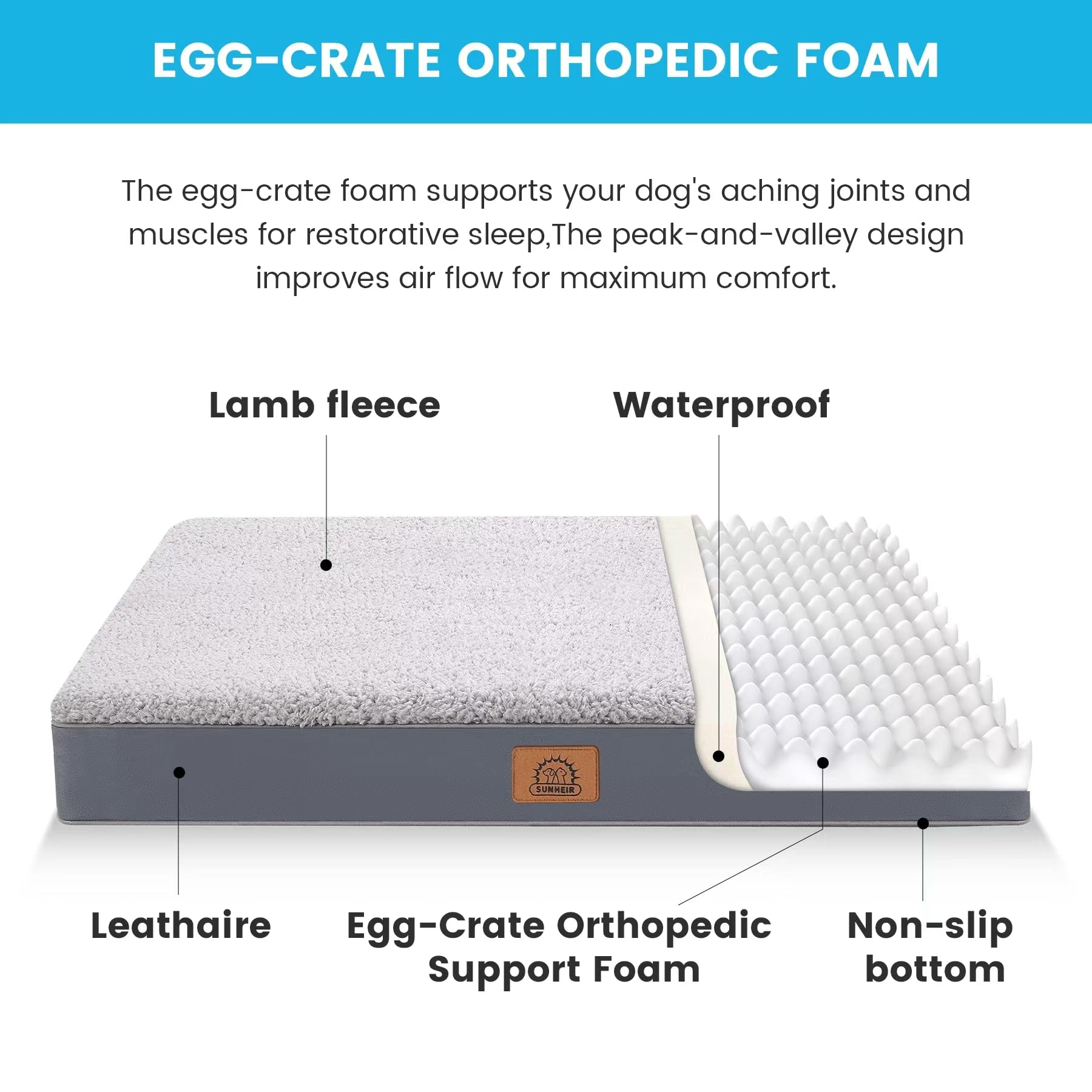 Extra Large Dog Bed Waterproof Dog Bed, Jumbo Orthopedic Dog Beds With Removable Washable Cover For Large Dogs, Pet Bed Mat Egg-Crate Foam, 3Xl(47.5'X29'X4'), Grey