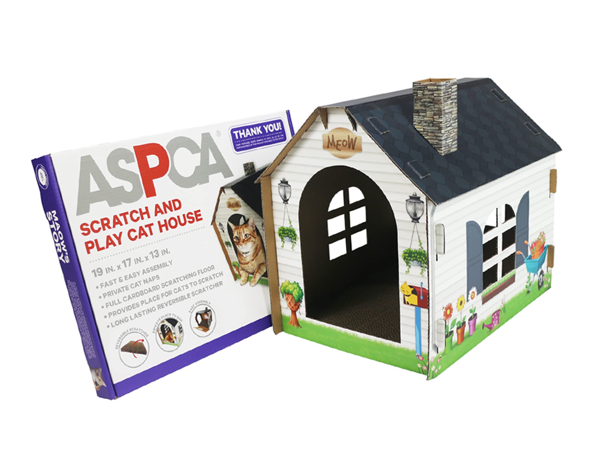 ASPCA Cardboard Cat House Playhouse with Scratching Pad 19"x13"x17" Cottage Model CAS2026