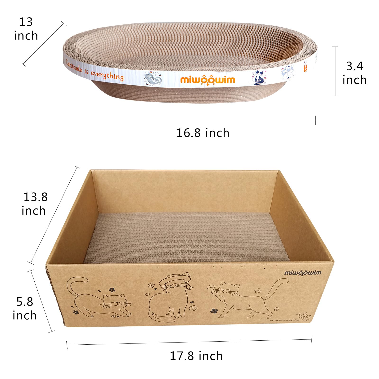 Miwoowim 4Pcs 2 Cat Scratcher Bowl +1 Corrugated Scratch Pad With Box+ 1 Brush,Oval Shape Cat Scratcher Cardboard Bed, Scratchin