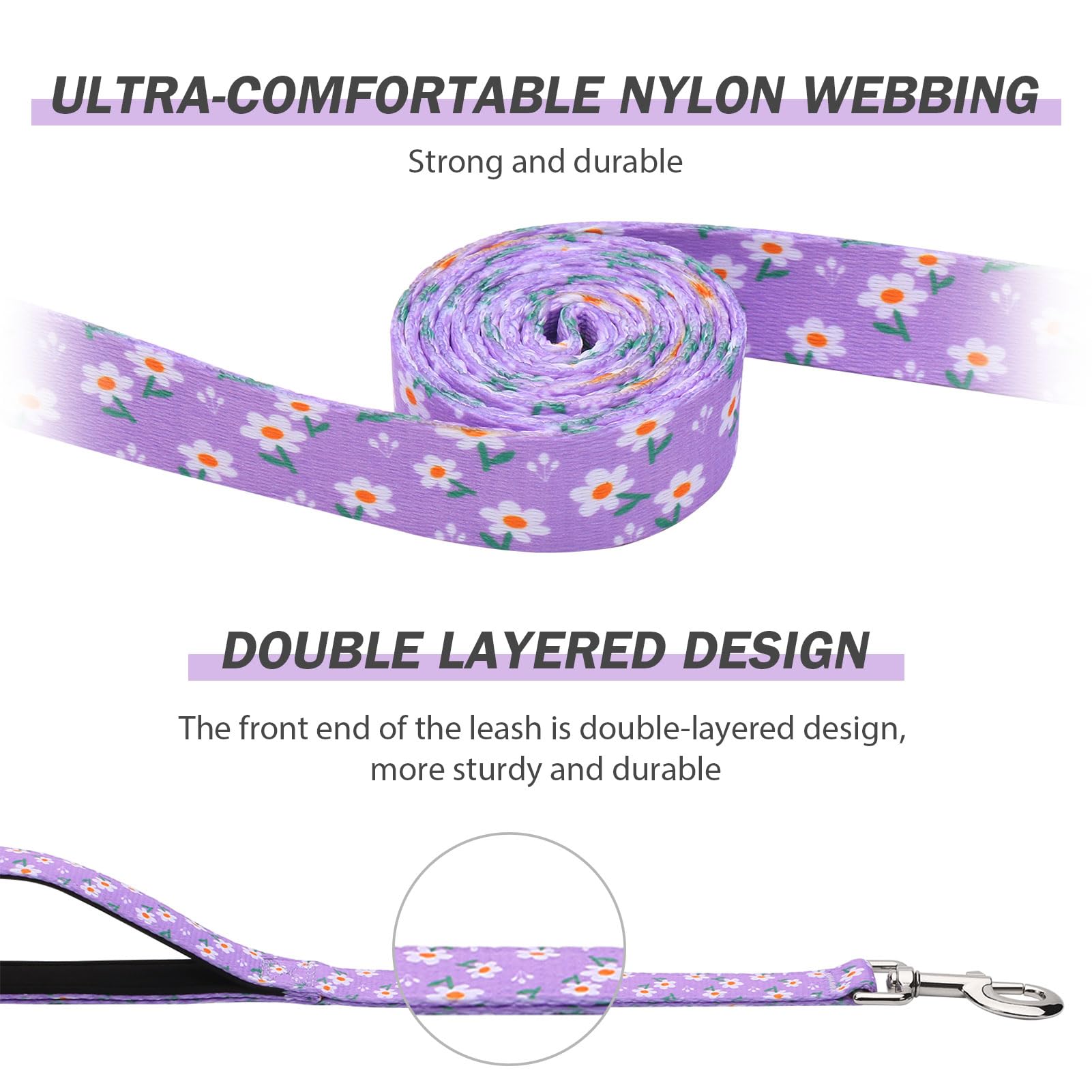 Hikiko Cute Girl Double Handle Dog Leash 5 Foot Padded Traffic Handles For Walking Training (Purple Floral, 5Ft)
