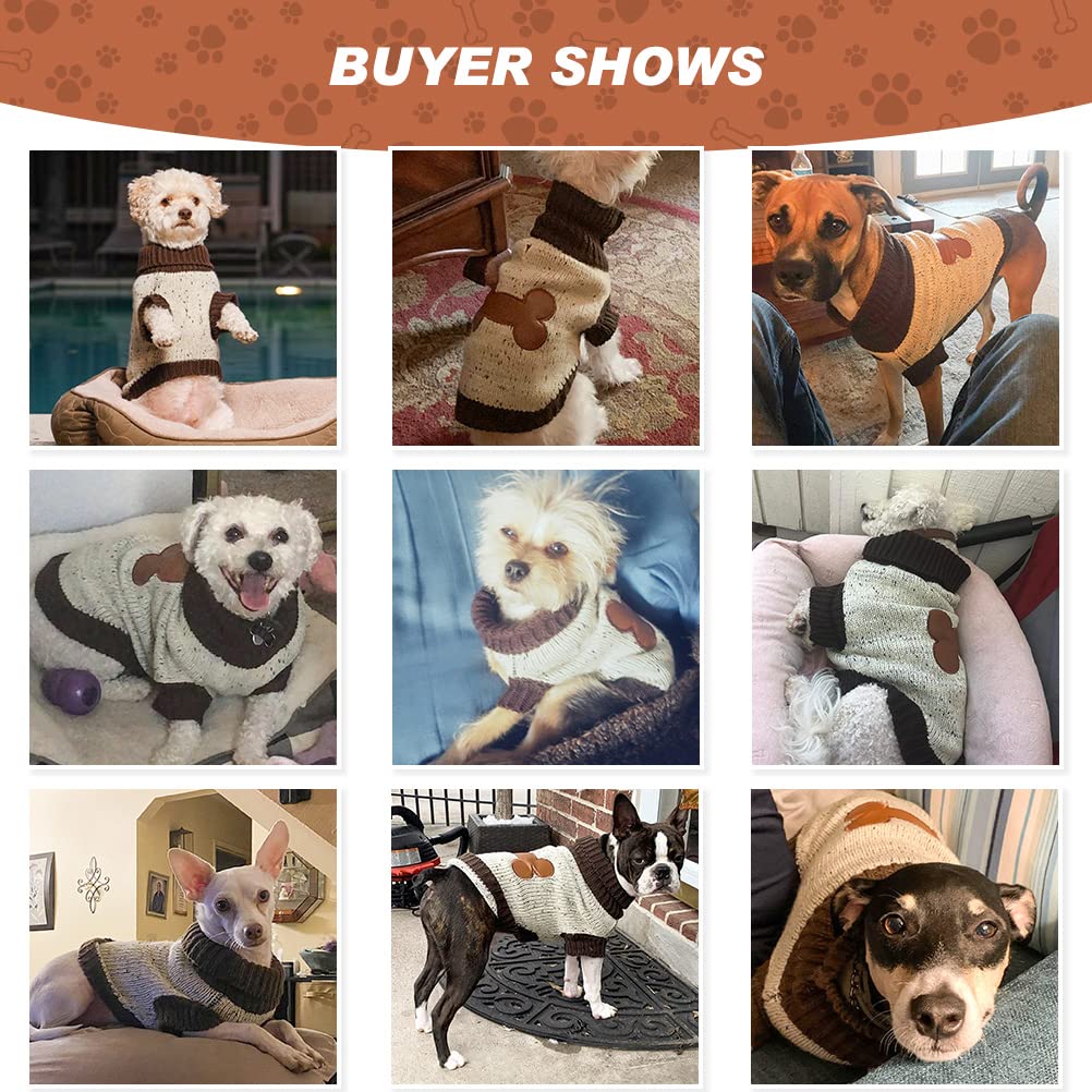 Bingpet Turtle Neck Dog Sweater - Brown Bone Pattern - Puppy Winter Warm Cloth For Small Medium Large Dogs