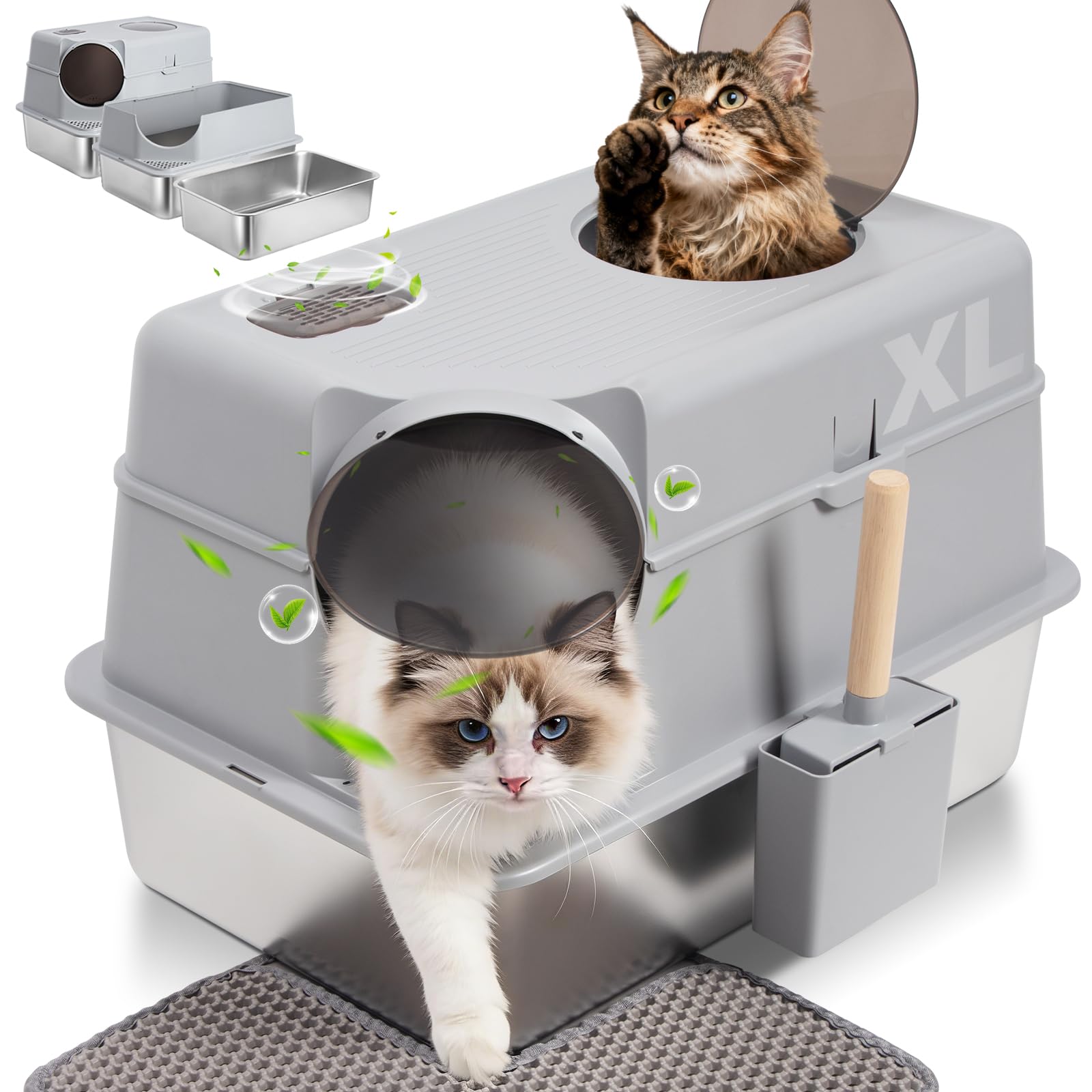 Stainless Steel Litter Box with Lid, XL Extra Large Cat Litter Box for Big Cats, Front & Top Entry Metal Cat Box with Scoop and 
