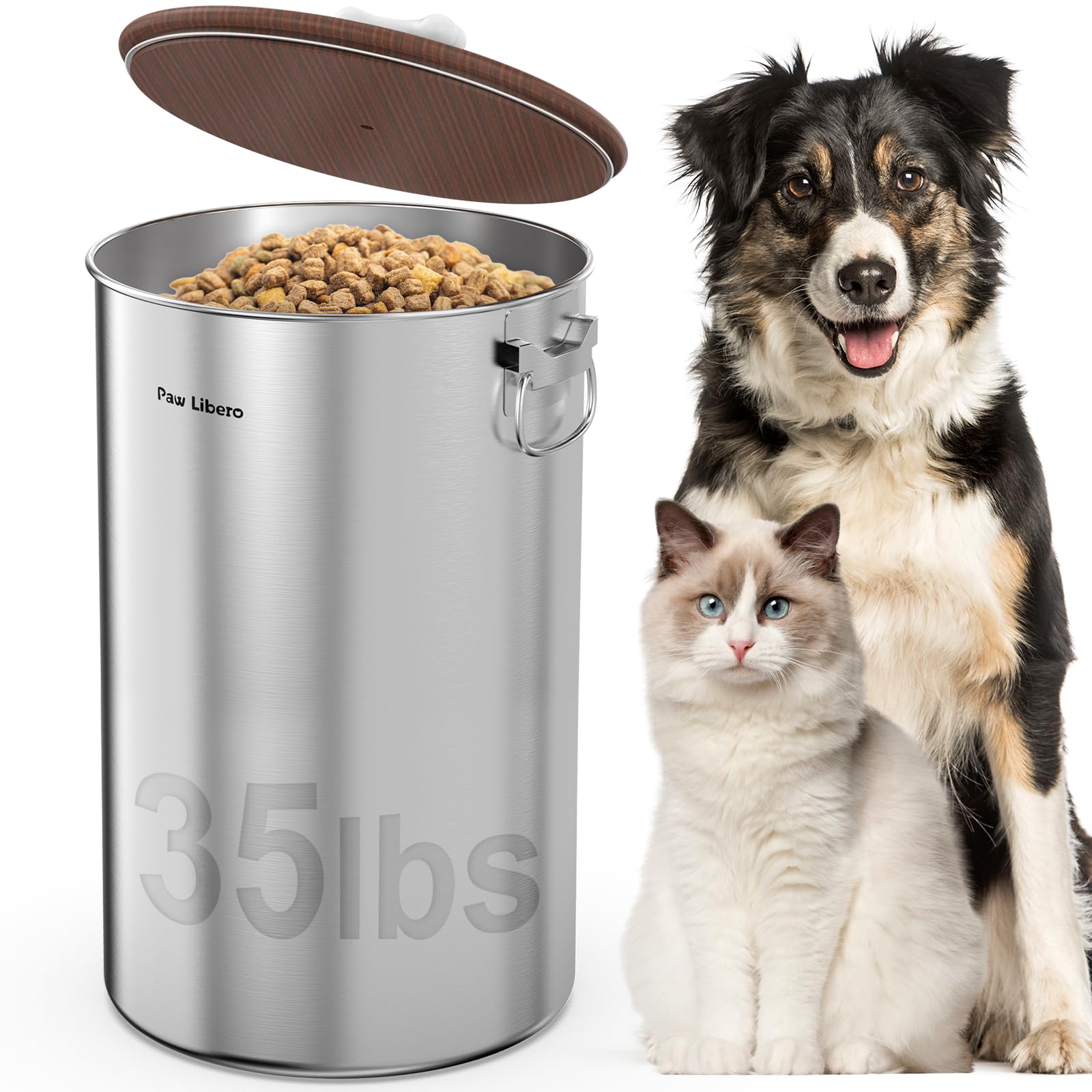 Paw Libero 35 Lbs Stainless Steel Dog Food Storage Container with Airtight Wooden Lid & Ceramic Bone Handle, Large Metal Dog Foo