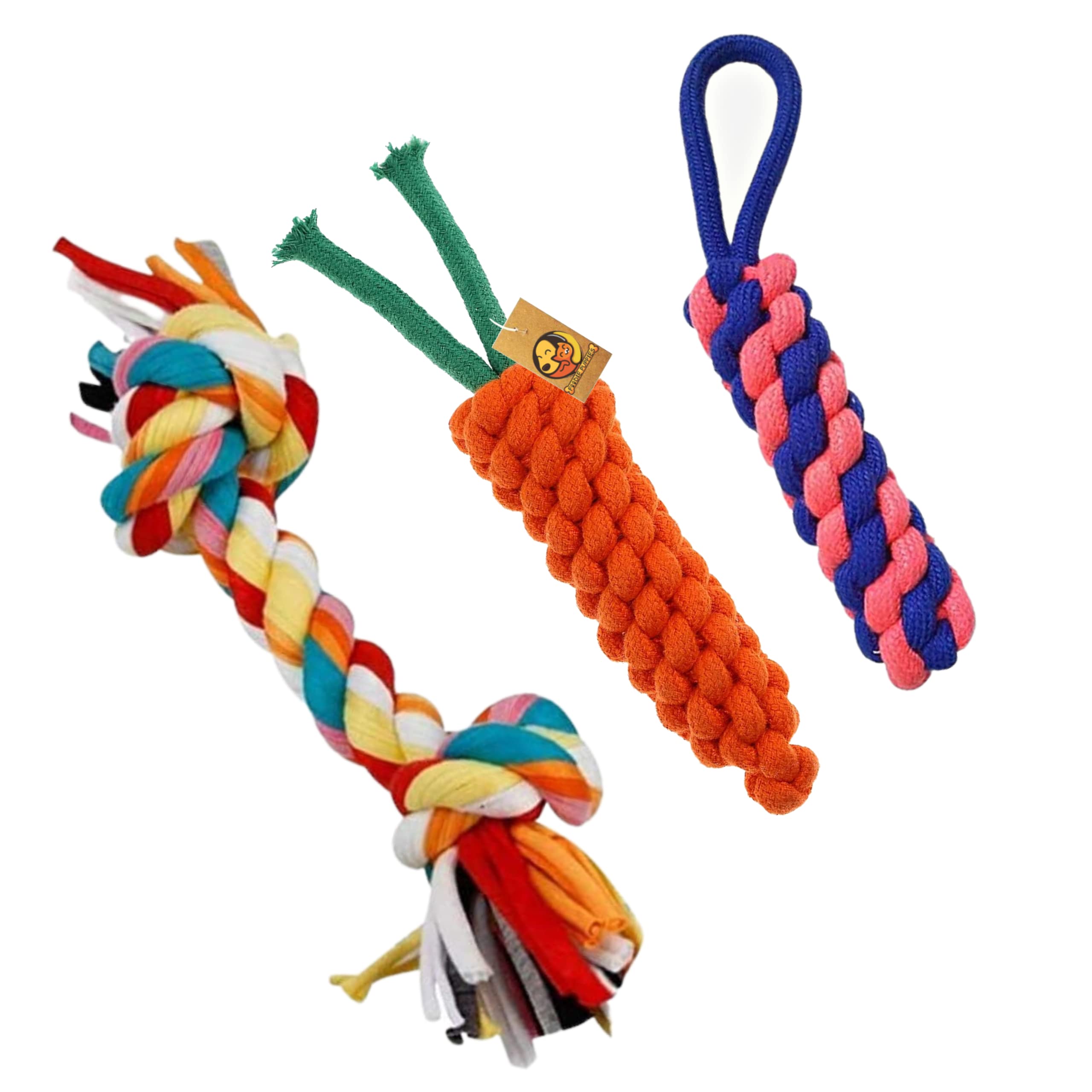 Foodie Puppies Durable Cotton Rope Chew Toy Combo Of 3, (2Knot + Carrot + Cornstick) | Chewing, Playing, Teething And Training F