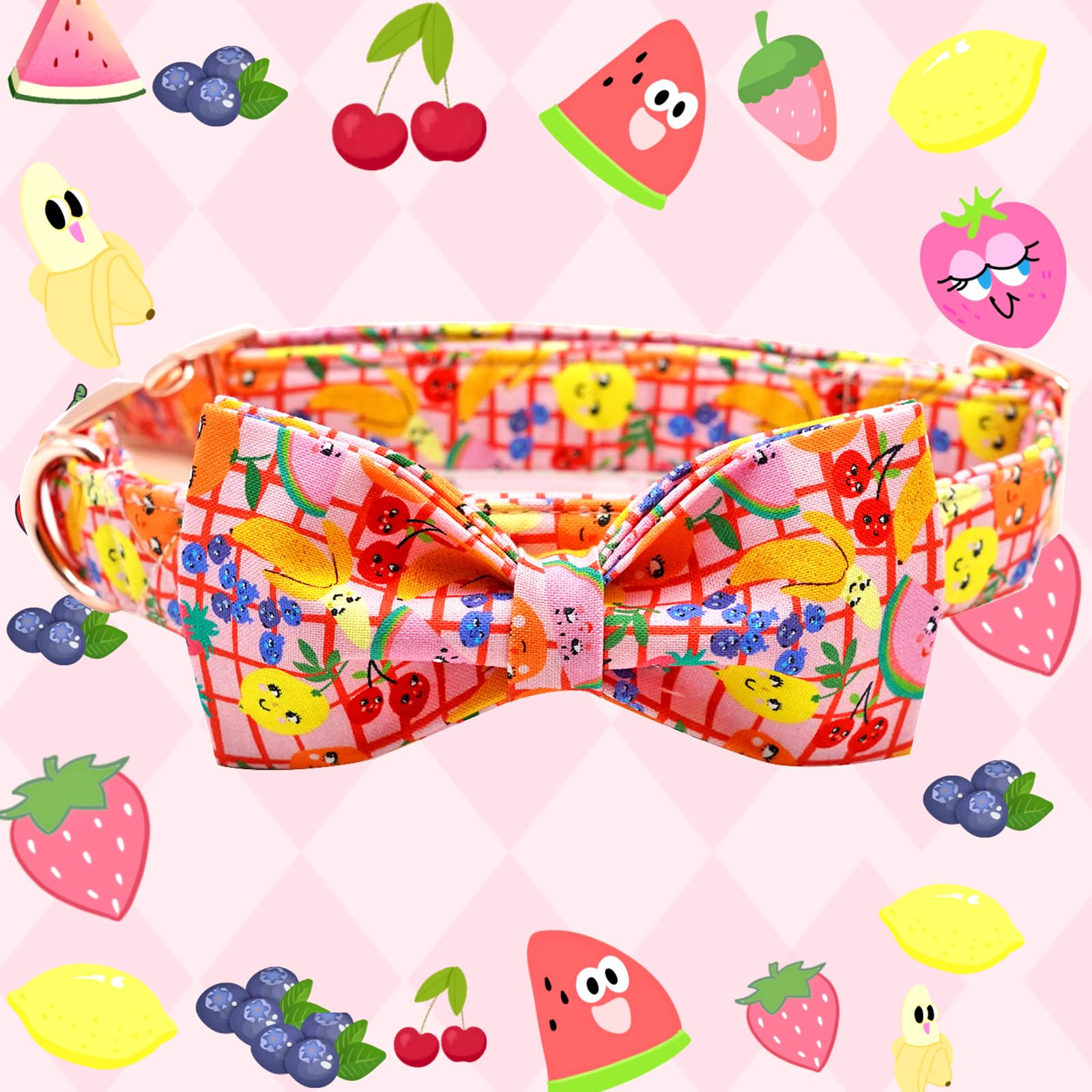Elegant little tail Dog Collar with Bow - Fruit Print Dog Collar Cute Bowtie Dog Collar Girl Boy Pet Collar for Small Medium Lar