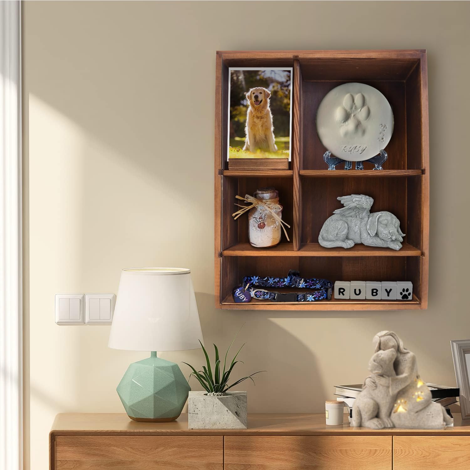 Sofunii Pet Memorial Shadow Box With Shelves For Dogs Or Cats,11 * 14'' Solid Wood Pet Frame Urn Ashes Display Case For As Loss