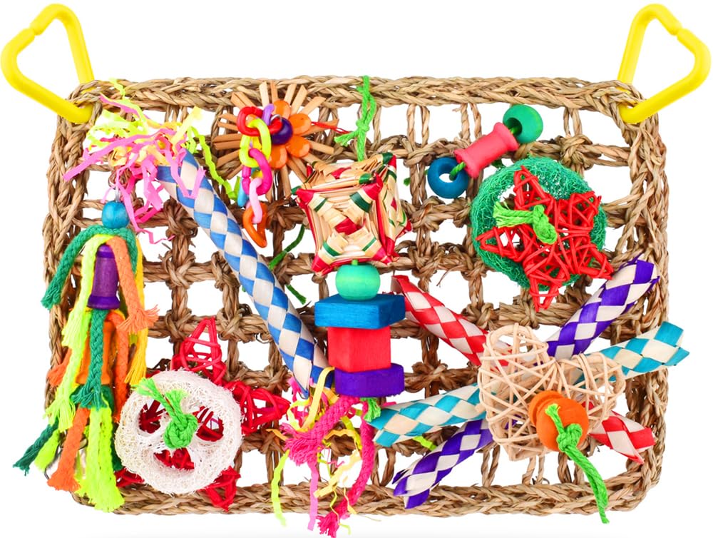 Katumo Bird Toys, Large-Sized Parrot Foraging Wall Grass Mat Conure Chewing Hanging Toys Cockatiel Climb Hammock Parakeet Toys For Small-Medium Birds