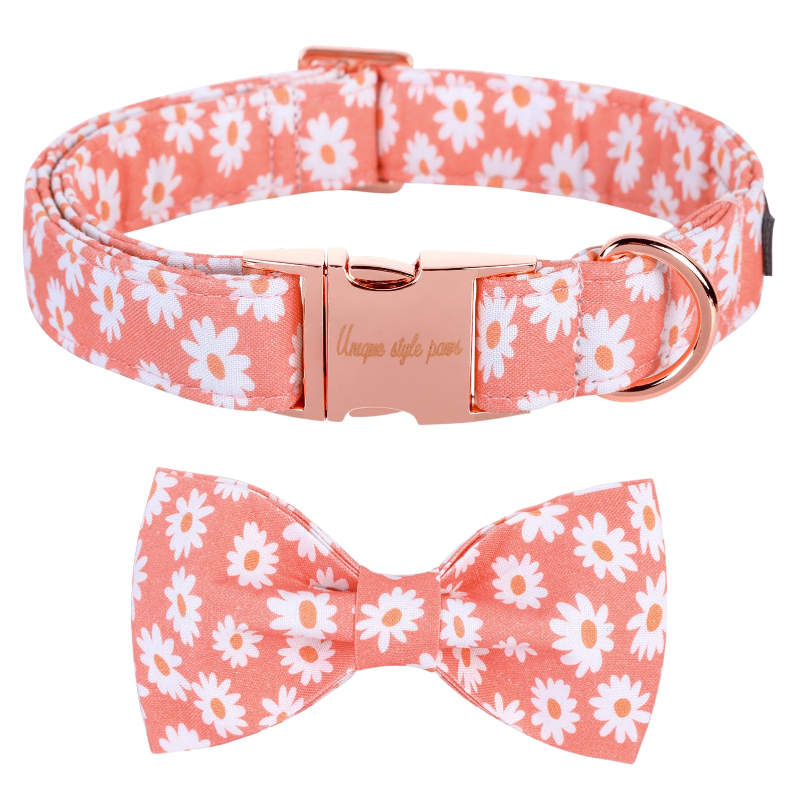 Unique Style Paws Dog Collar With Bow Tie Pink Daisy Summer Dog Collar For Small Medium Large Dogs With Adjustable Metal Buckle -S